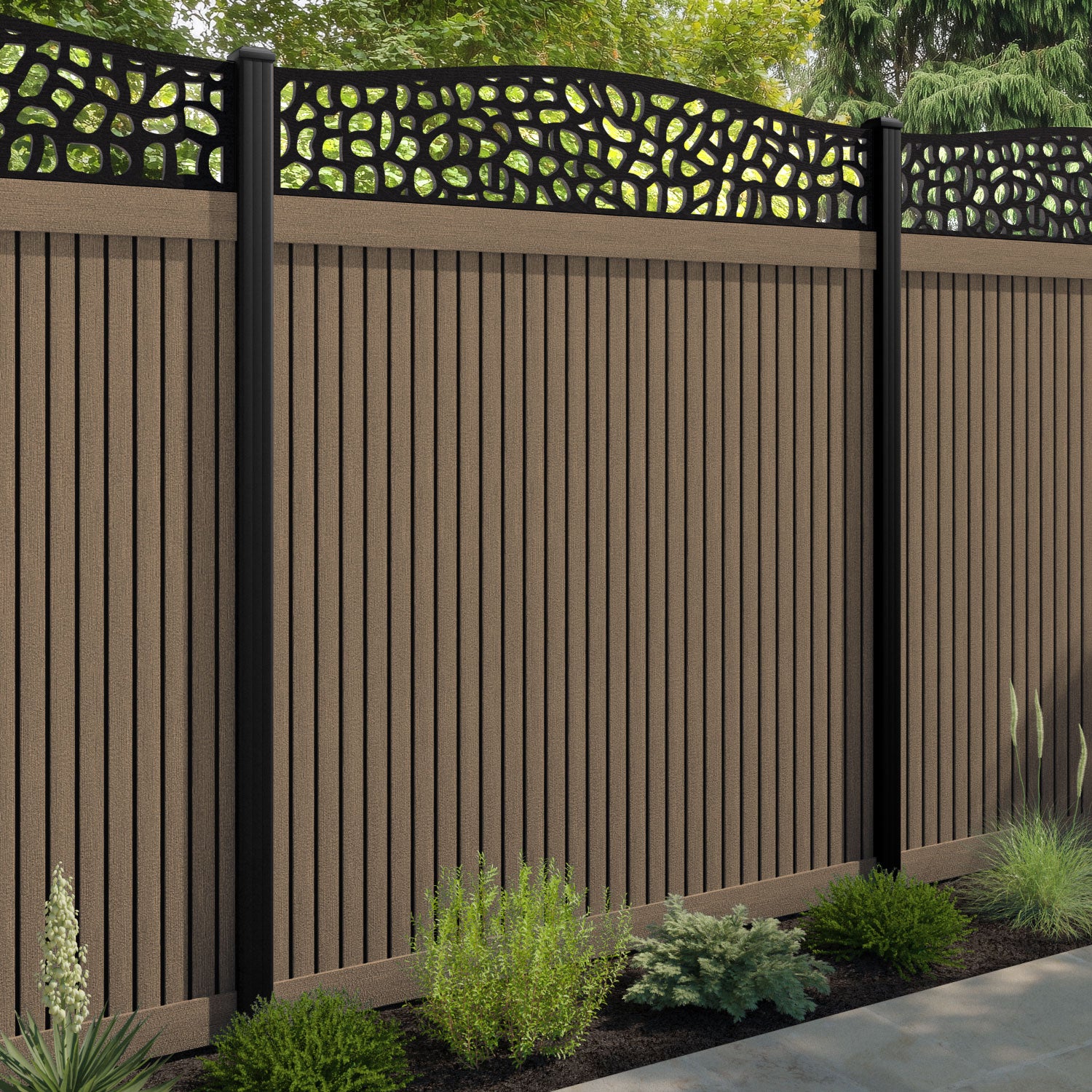 Virtis Pebble Curved Top Fence Panel - Teak - with our composite posts