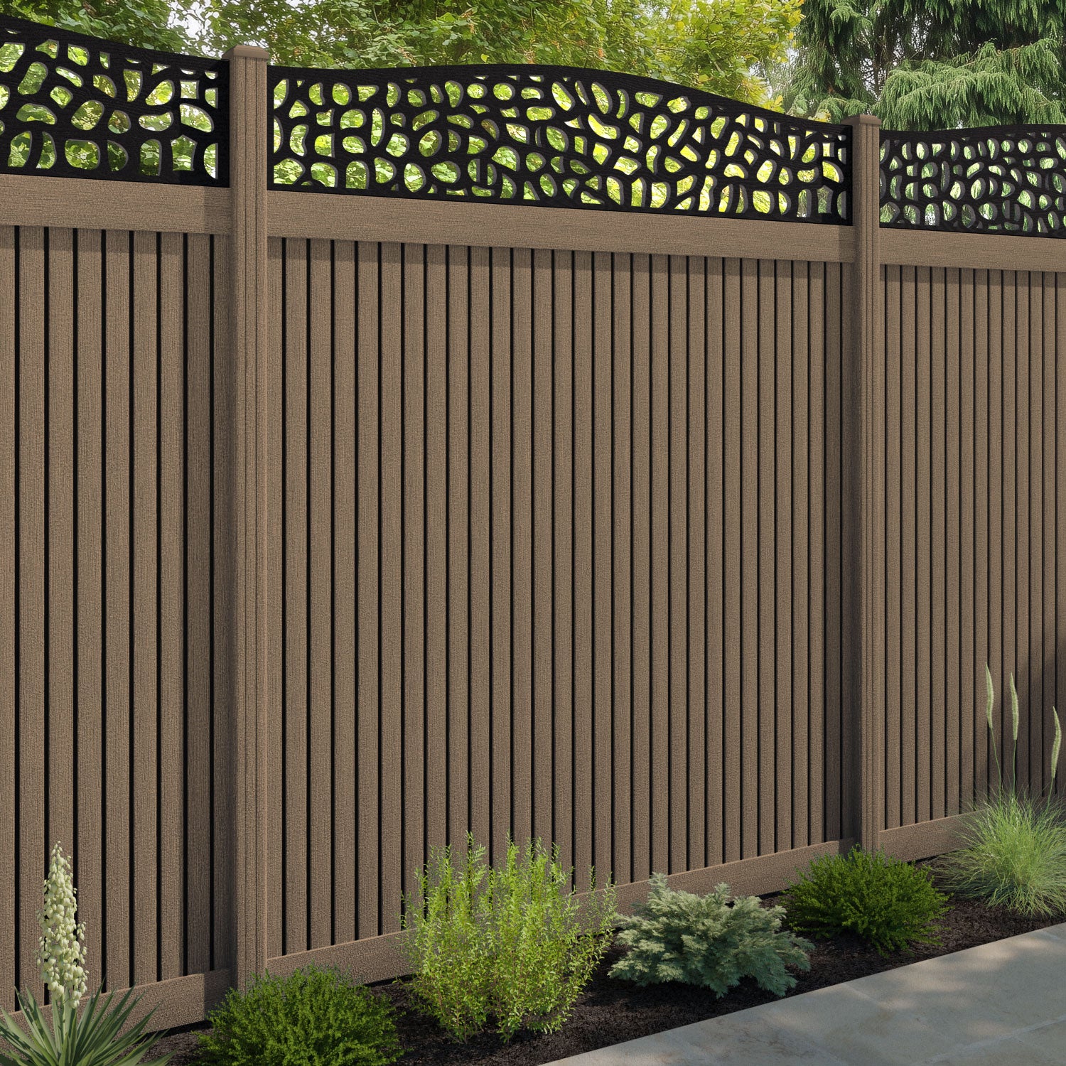 Virtis Pebble Curved Top Fence Panel - Teak - with our composite posts