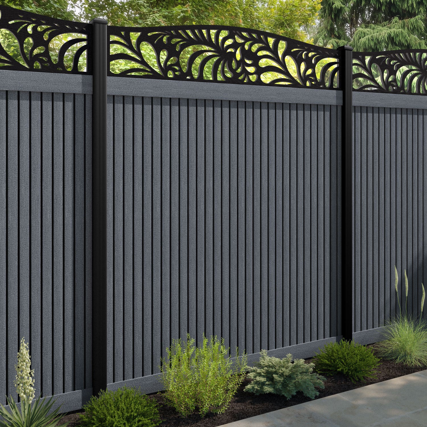 Virtis Petal Curved Top Fence Panel - Anthracite - with our composite posts