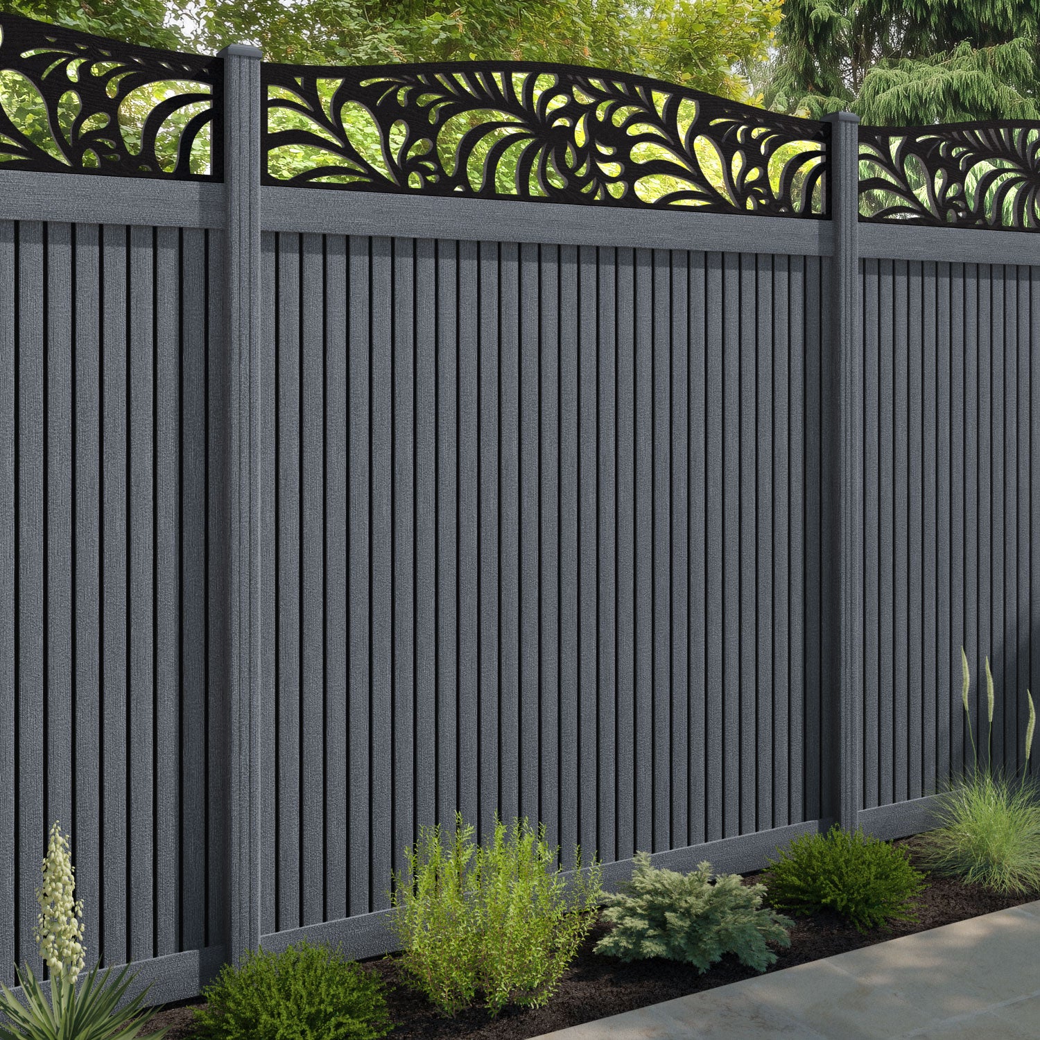 Virtis Petal Curved Top Fence Panel - Anthracite - with our composite posts
