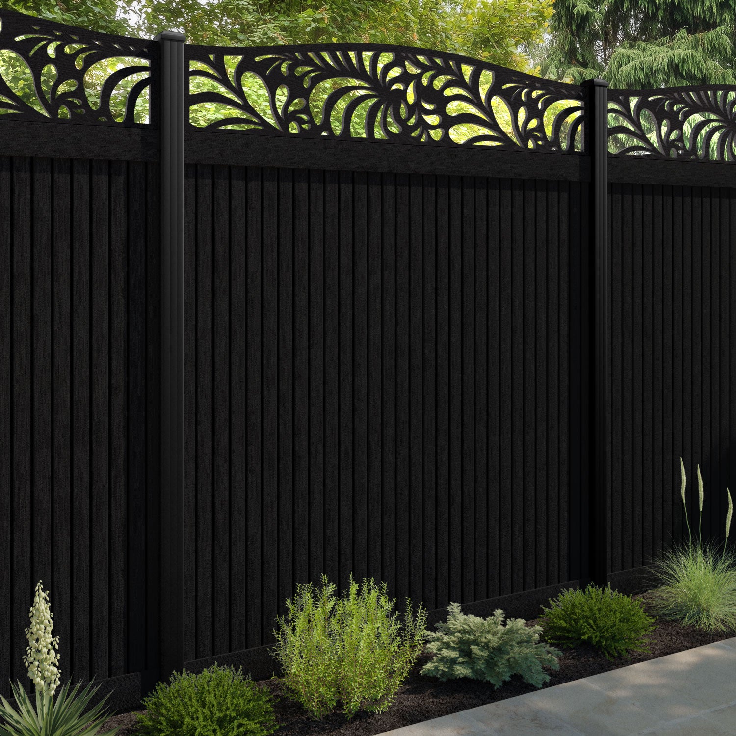 Virtis Petal Curved Top Fence Panel - Black - with our aluminium posts