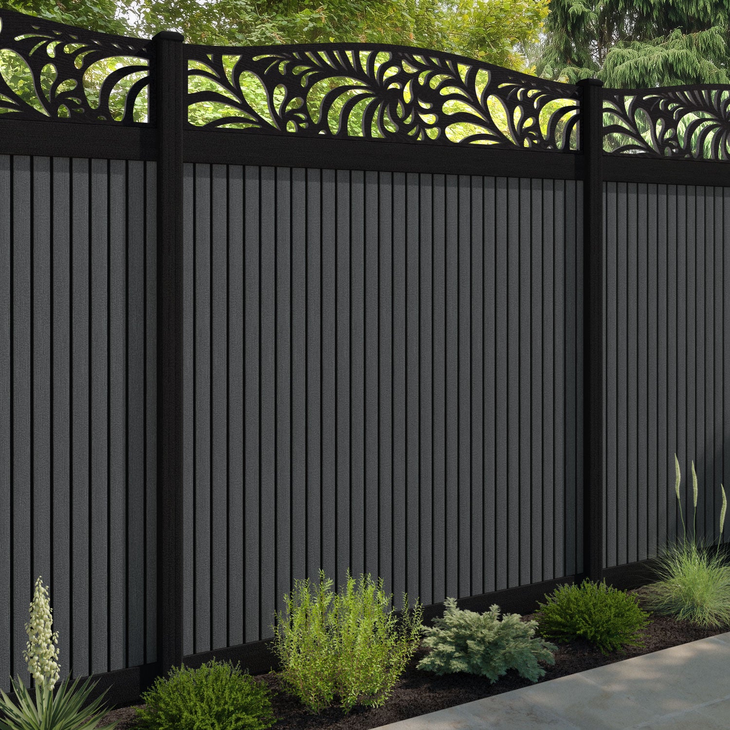 Virtis Petal Curved Top Fence Panel - Dark Grey - with our aluminium posts
