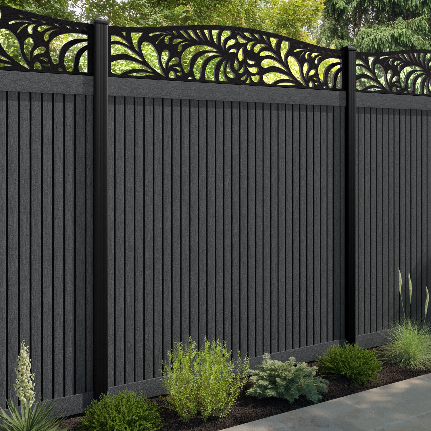 Virtis Petal Curved Top Fence Panel - Dark Grey - with our aluminium posts