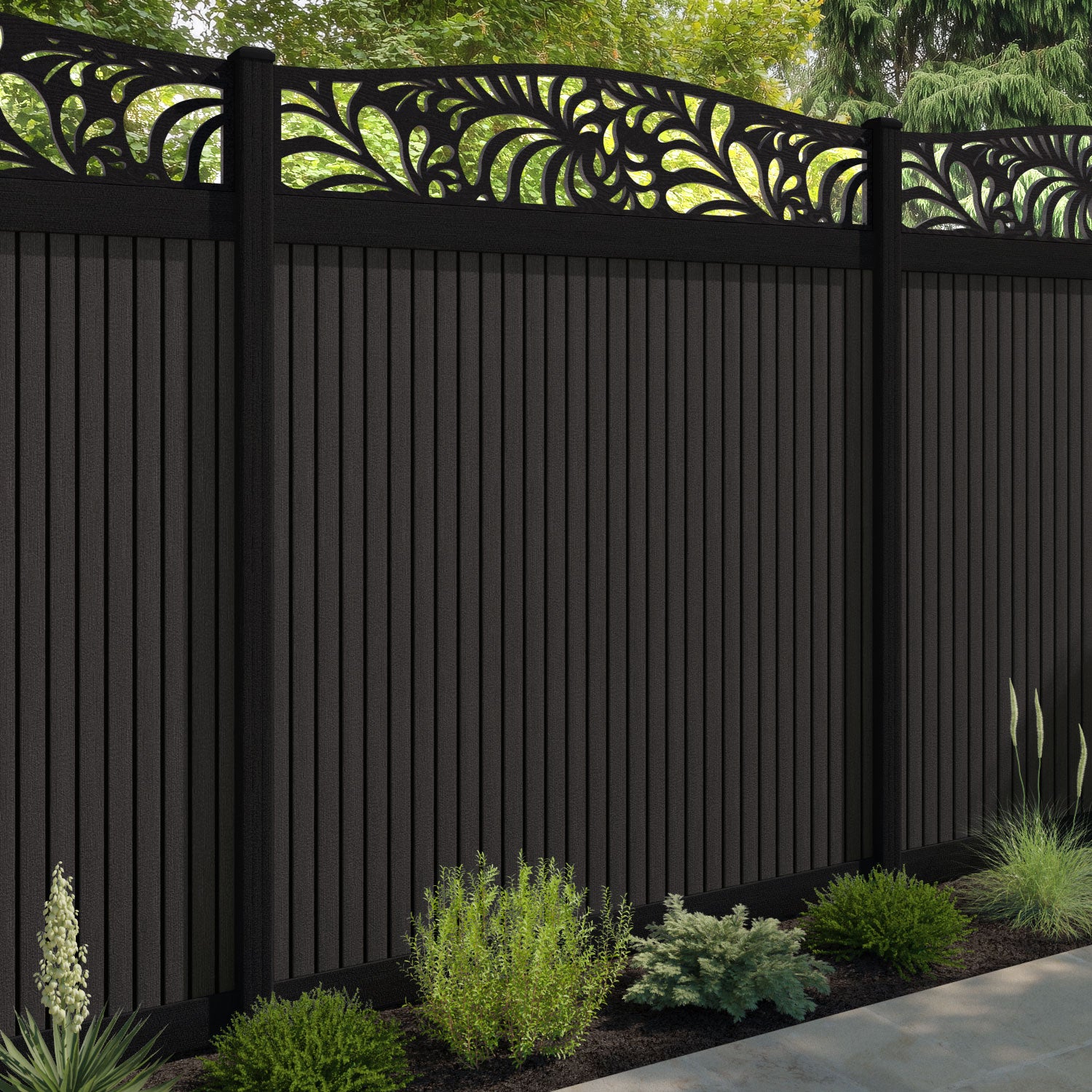 Virtis Petal Curved Top Fence Panel - Dark Oak - with our composite posts