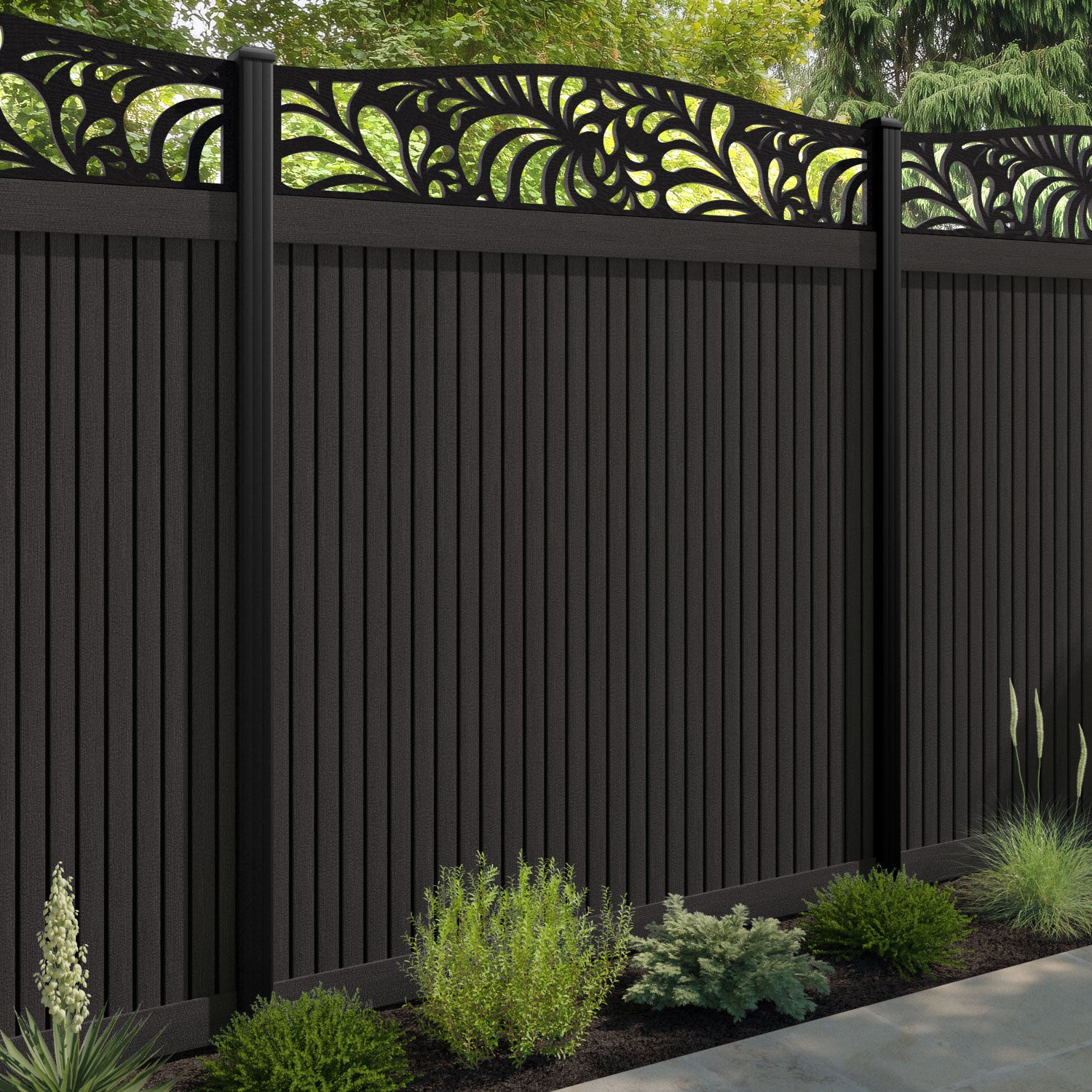 Virtis Petal Curved Top Fence Panel - Dark Oak - with our aluminium posts