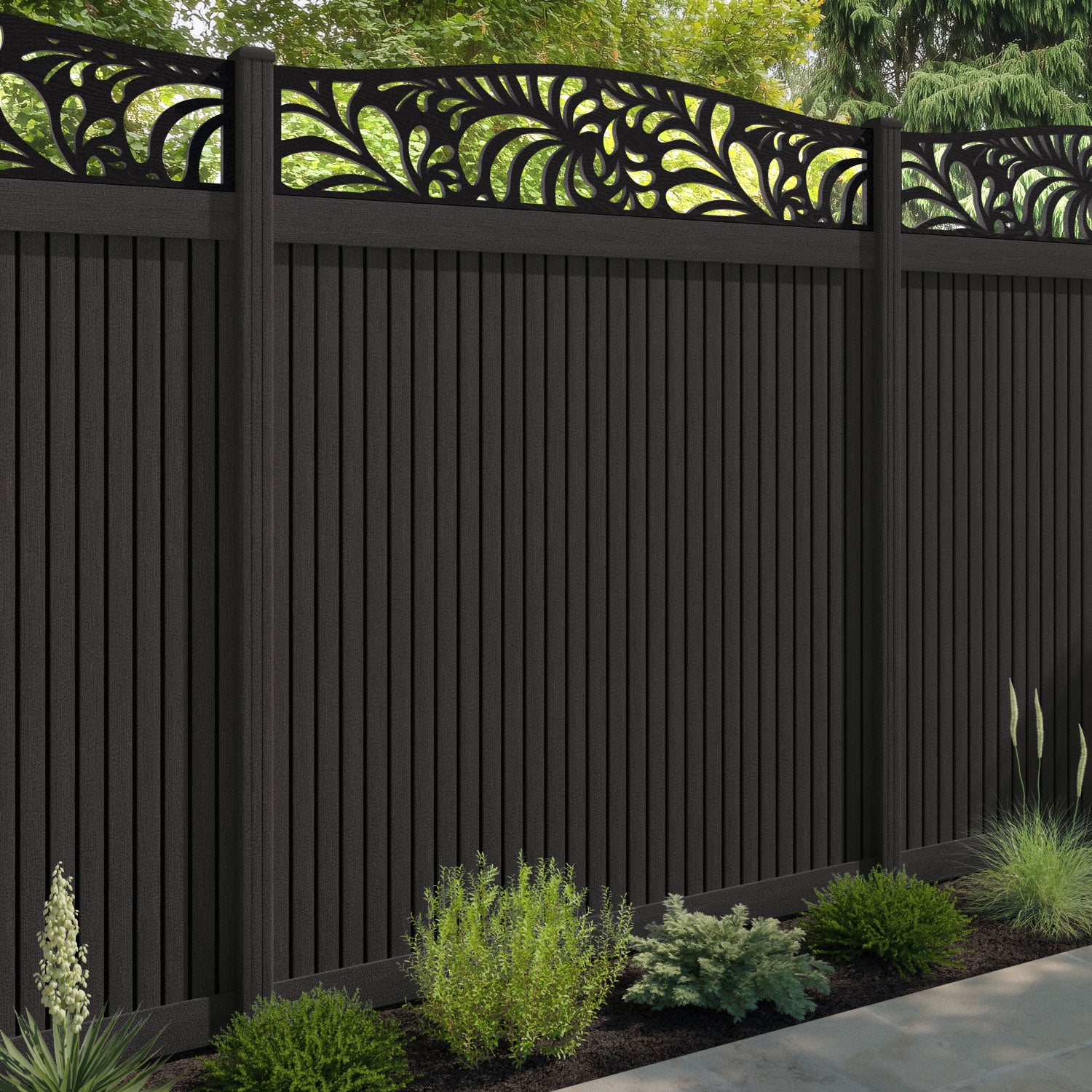 Virtis Petal Curved Top Fence Panel - Dark Oak - with our composite posts