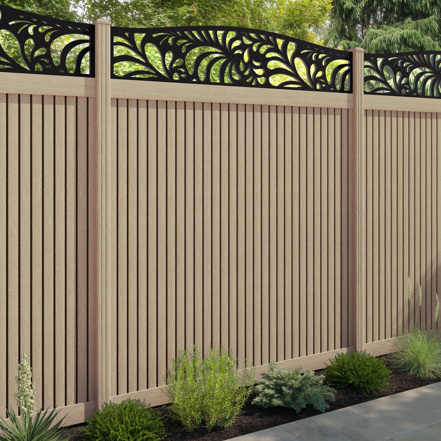 Virtis Petal Curved Top Fence Panel - Light Oak - with our composite posts
