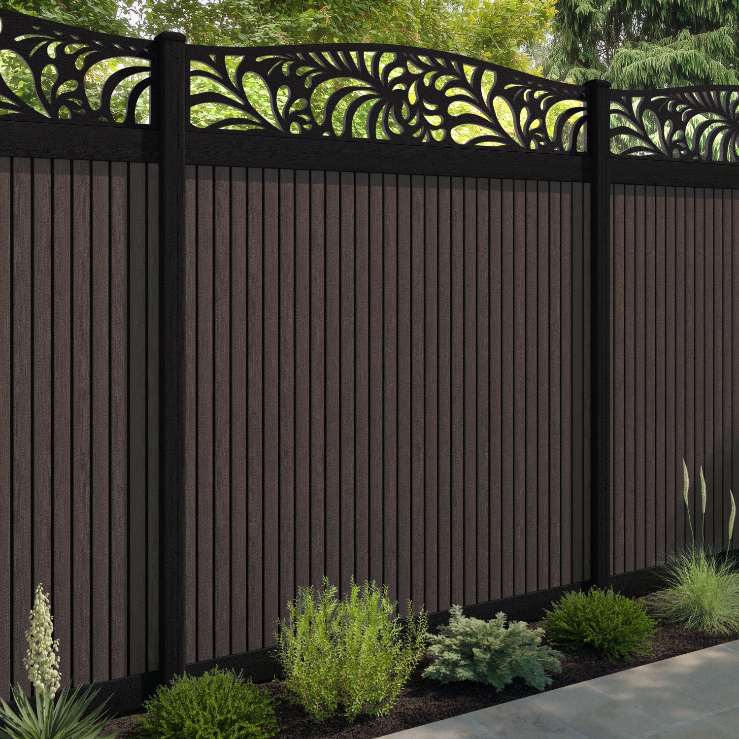 Virtis Petal Curved Top Fence Panel - Mid Brown - with our aluminium posts