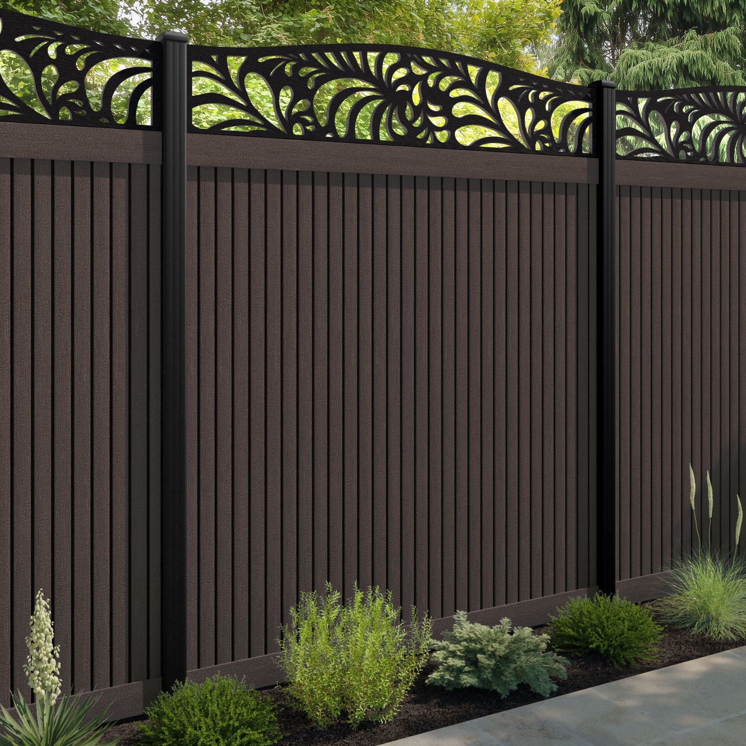 Virtis Petal Curved Top Fence Panel - Mid Brown - with our aluminium posts