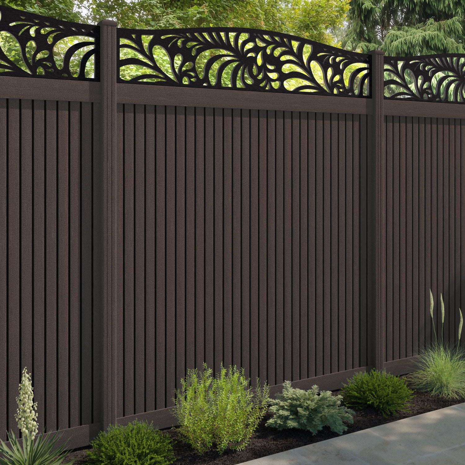 Virtis Petal Curved Top Fence Panel - Mid Brown - with our composite posts