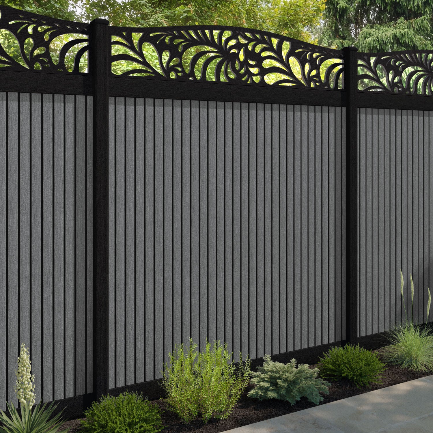 Virtis Petal Curved Top Fence Panel - Mid Grey - with our composite posts