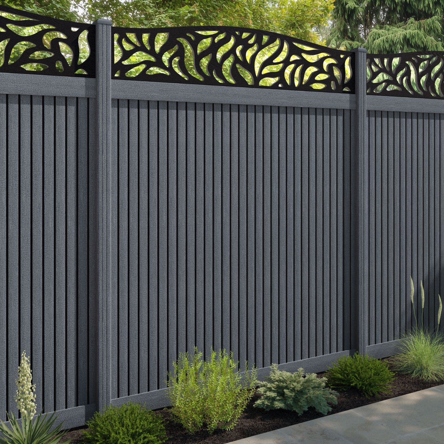 Virtis Plume Curved Top Fence Panel - Anthracite - with our composite posts