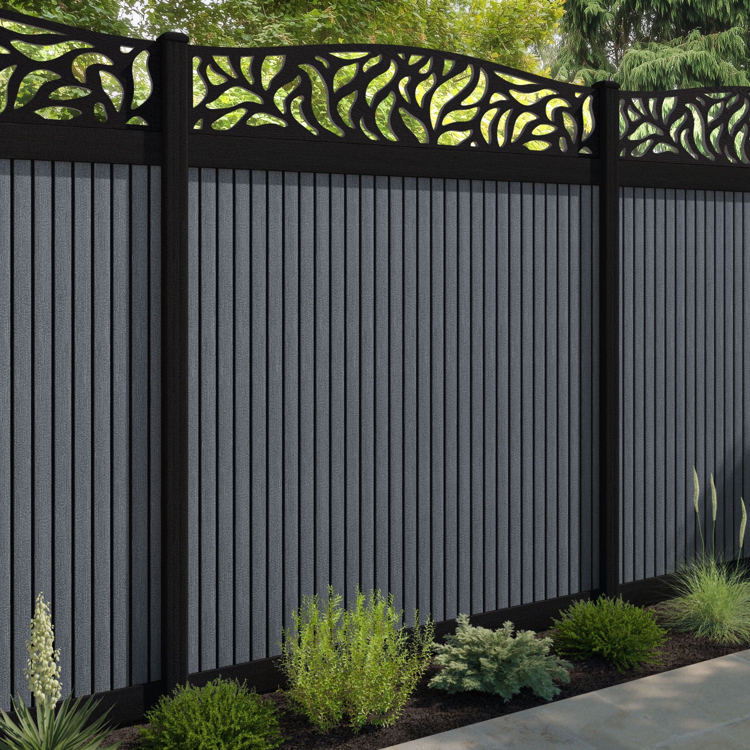 Virtis Plume Curved Top Fence Panel - Anthracite - with our aluminium posts
