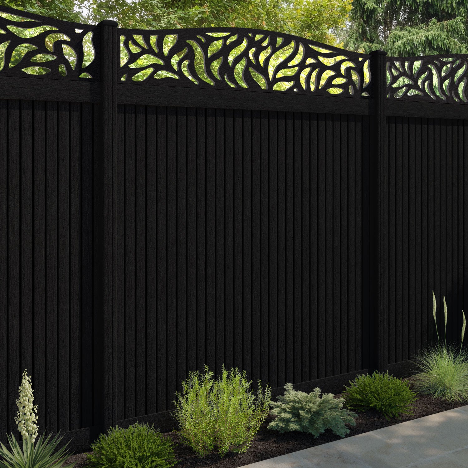 Virtis Plume Curved Top Fence Panel - Black - with our composite posts