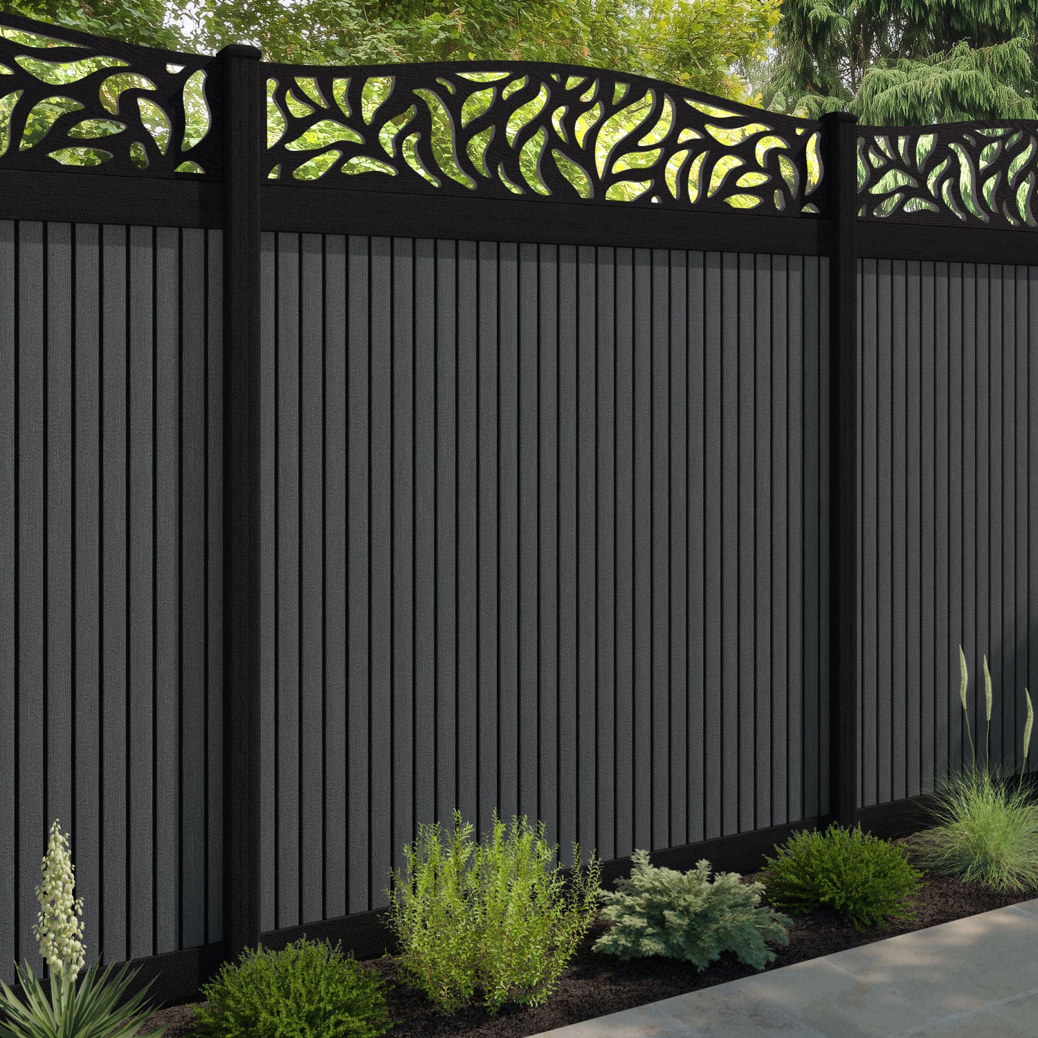 Virtis Plume Curved Top Fence Panel - Dark Grey - with our aluminium posts
