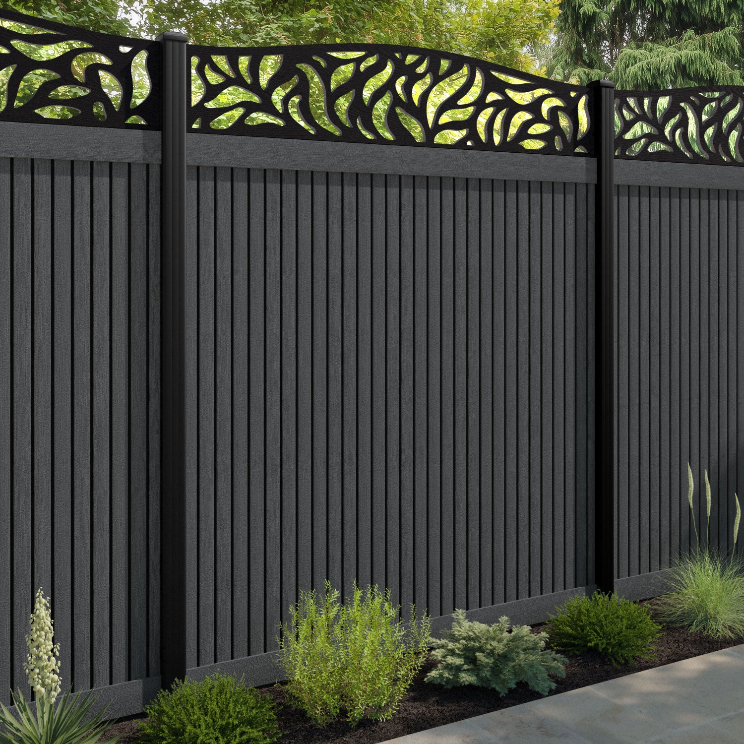 Virtis Plume Curved Top Fence Panel - Dark Grey - with our aluminium posts