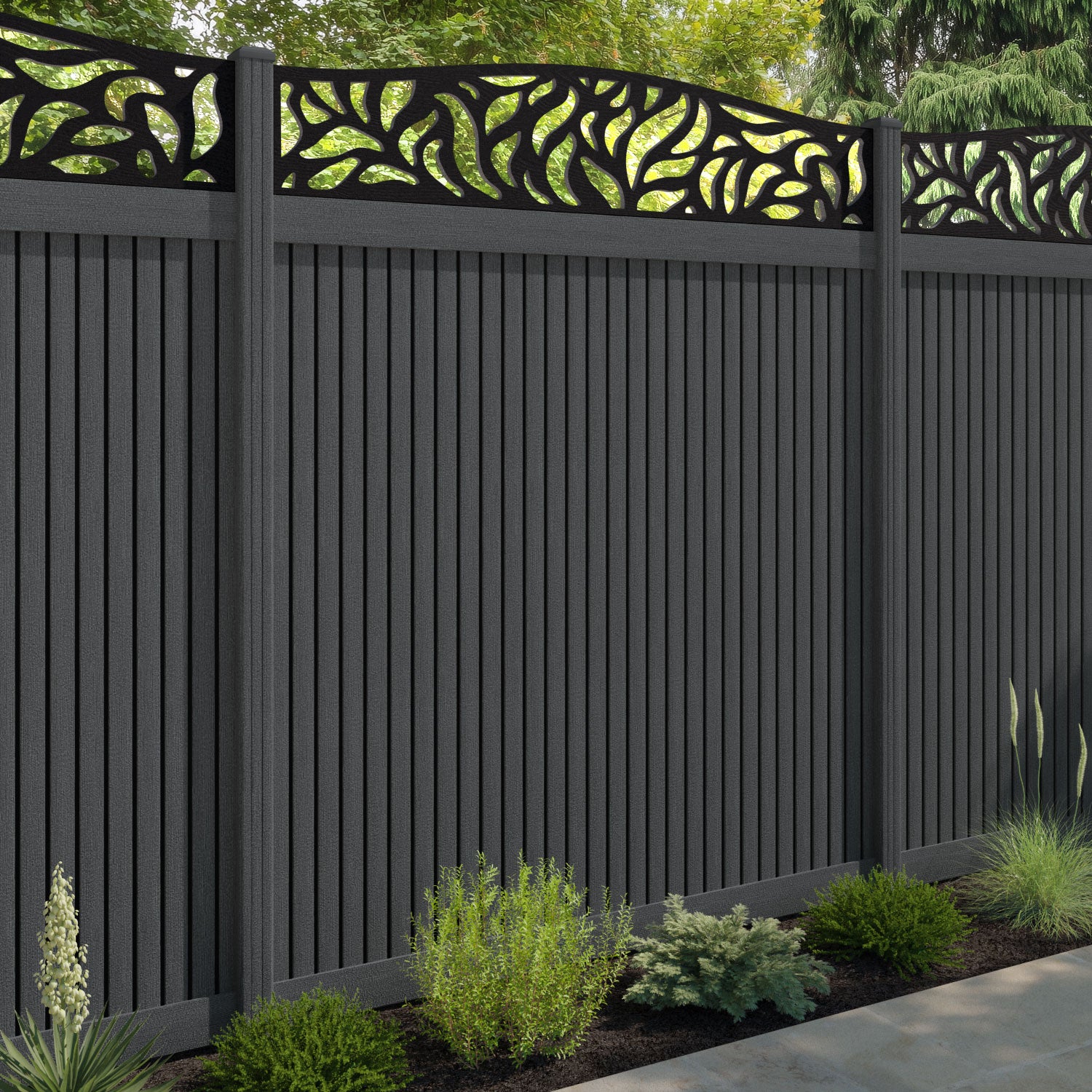 Virtis Plume Curved Top Fence Panel - Dark Grey - with our composite posts