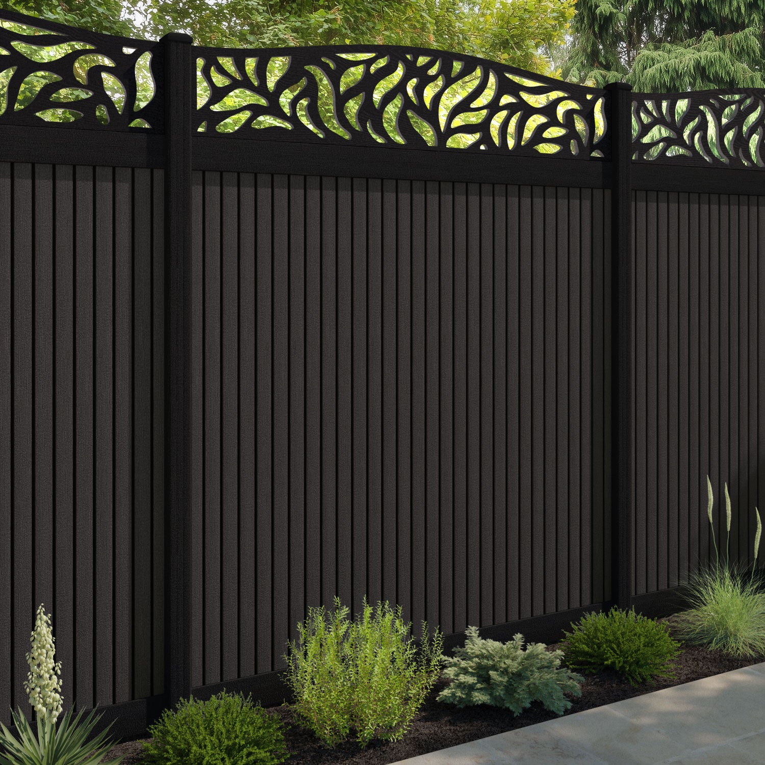 Virtis Plume Curved Top Fence Panel - Dark Oak - with our composite posts
