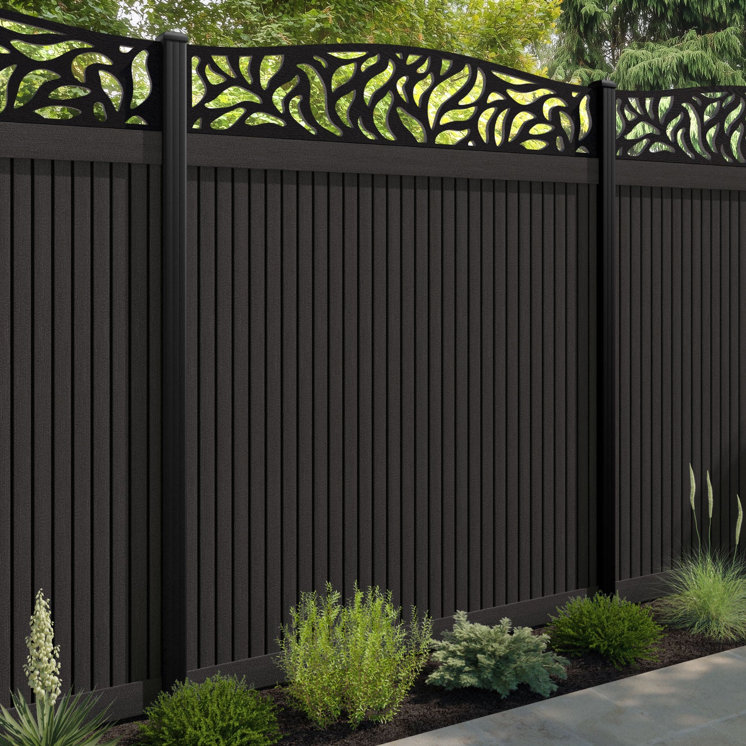 Virtis Plume Curved Top Fence Panel - Dark Oak - with our aluminium posts
