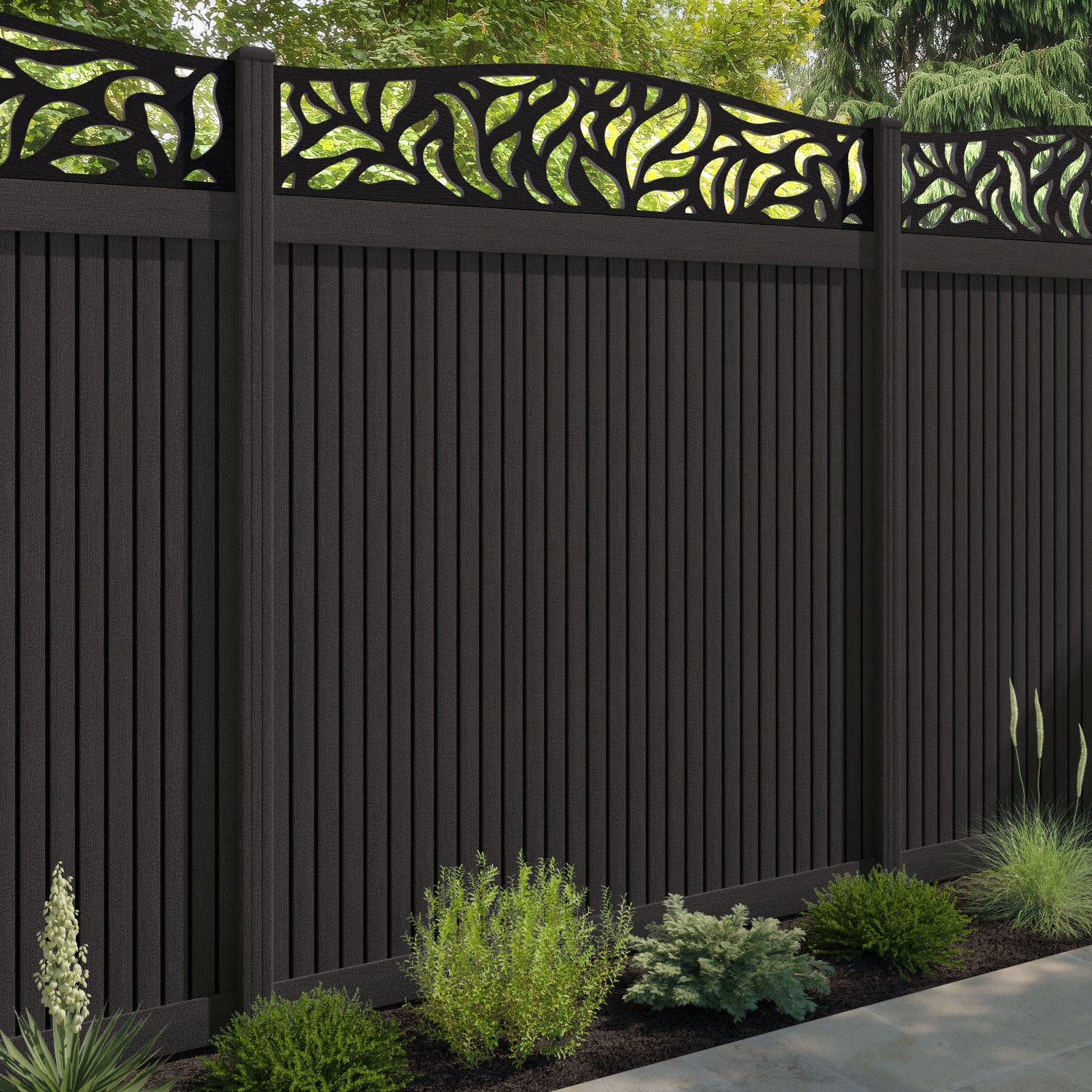 Virtis Plume Curved Top Fence Panel - Dark Oak - with our composite posts