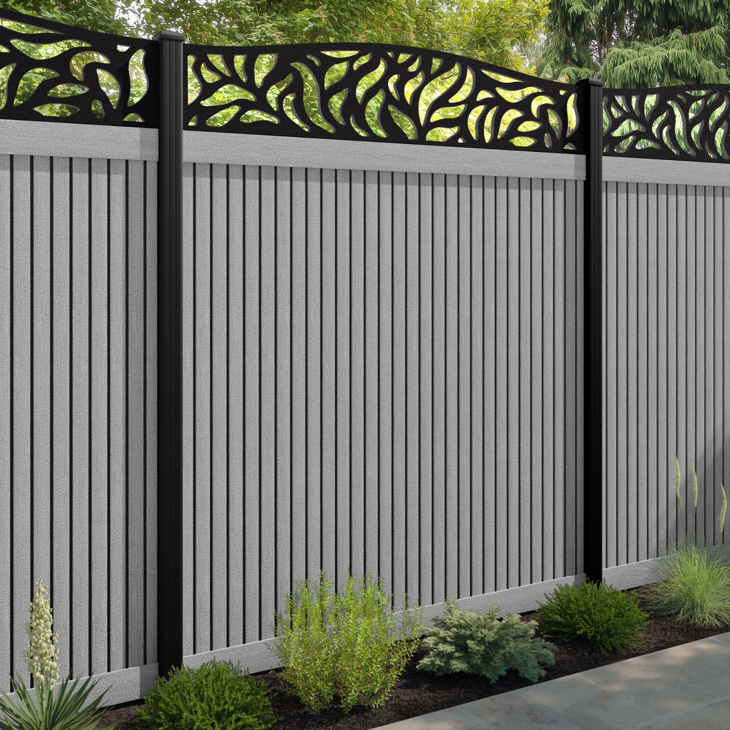 Virtis Plume Curved Top Fence Panel - Light Grey - with our aluminium posts