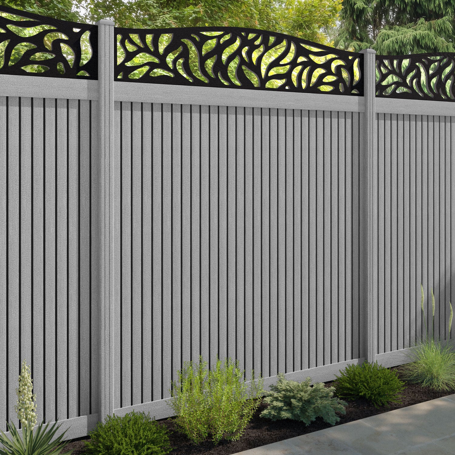 Virtis Plume Curved Top Fence Panel - Light Grey - with our composite posts