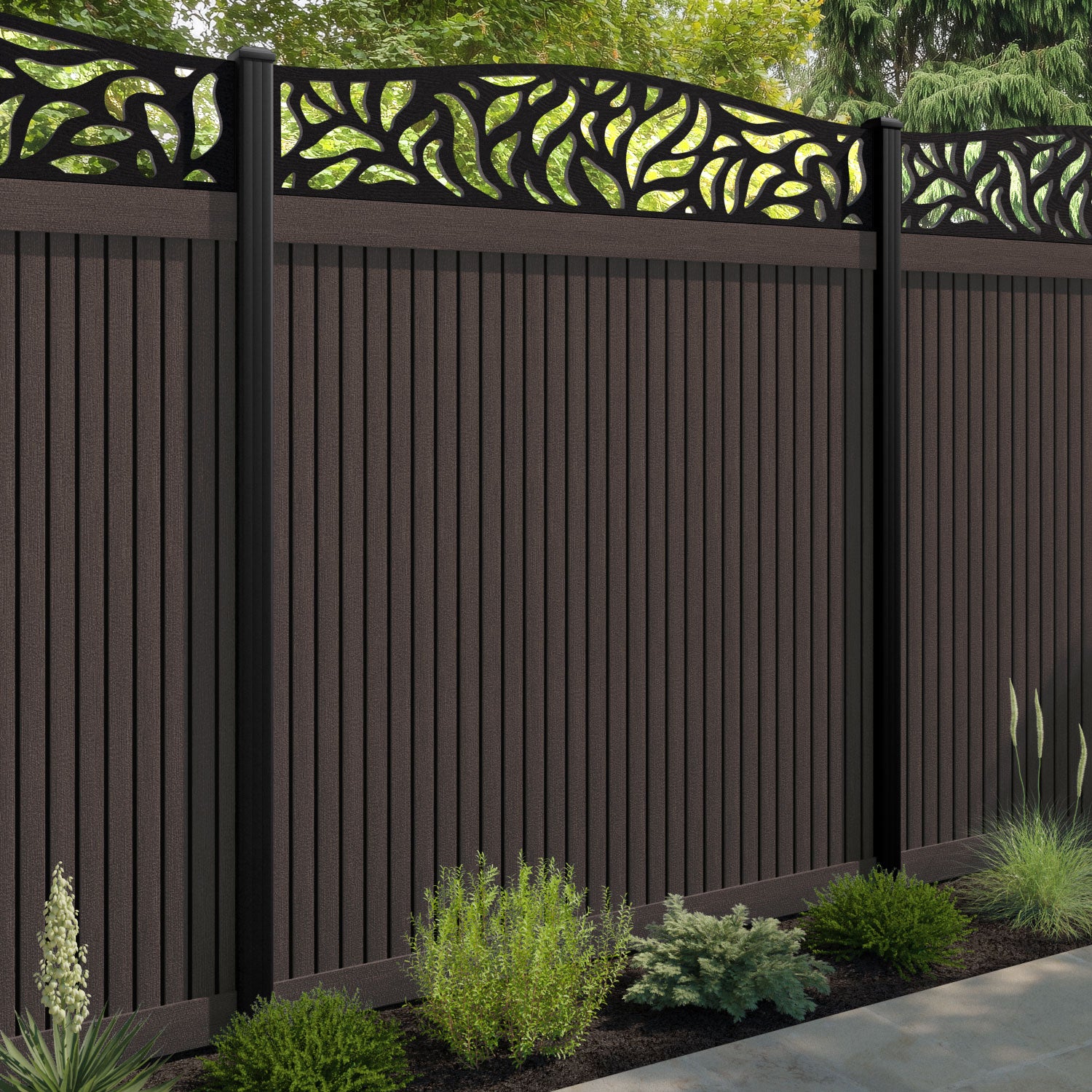 Virtis Plume Curved Top Fence Panel - Mid Brown - with our composite posts