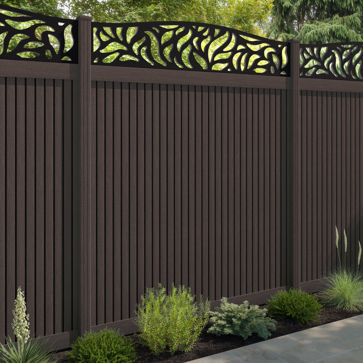 Virtis Plume Curved Top Fence Panel - Mid Brown - with our composite posts