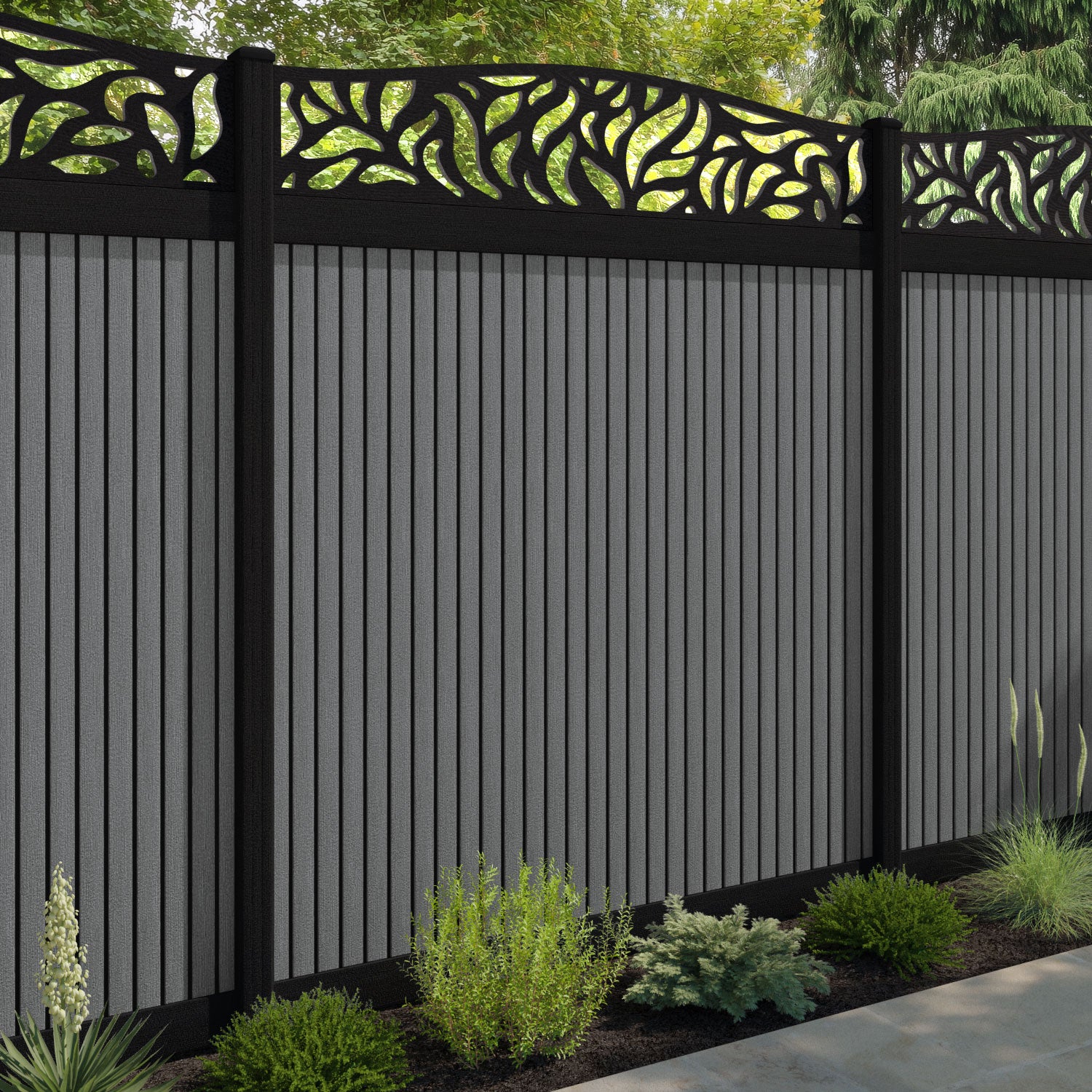 Virtis Plume Curved Top Fence Panel - Mid Grey - with our aluminium posts