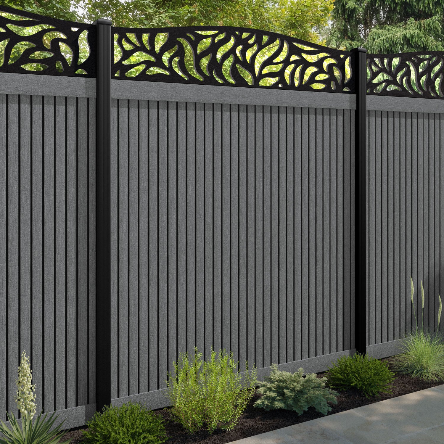 Virtis Plume Curved Top Fence Panel - Mid Grey - with our aluminium posts