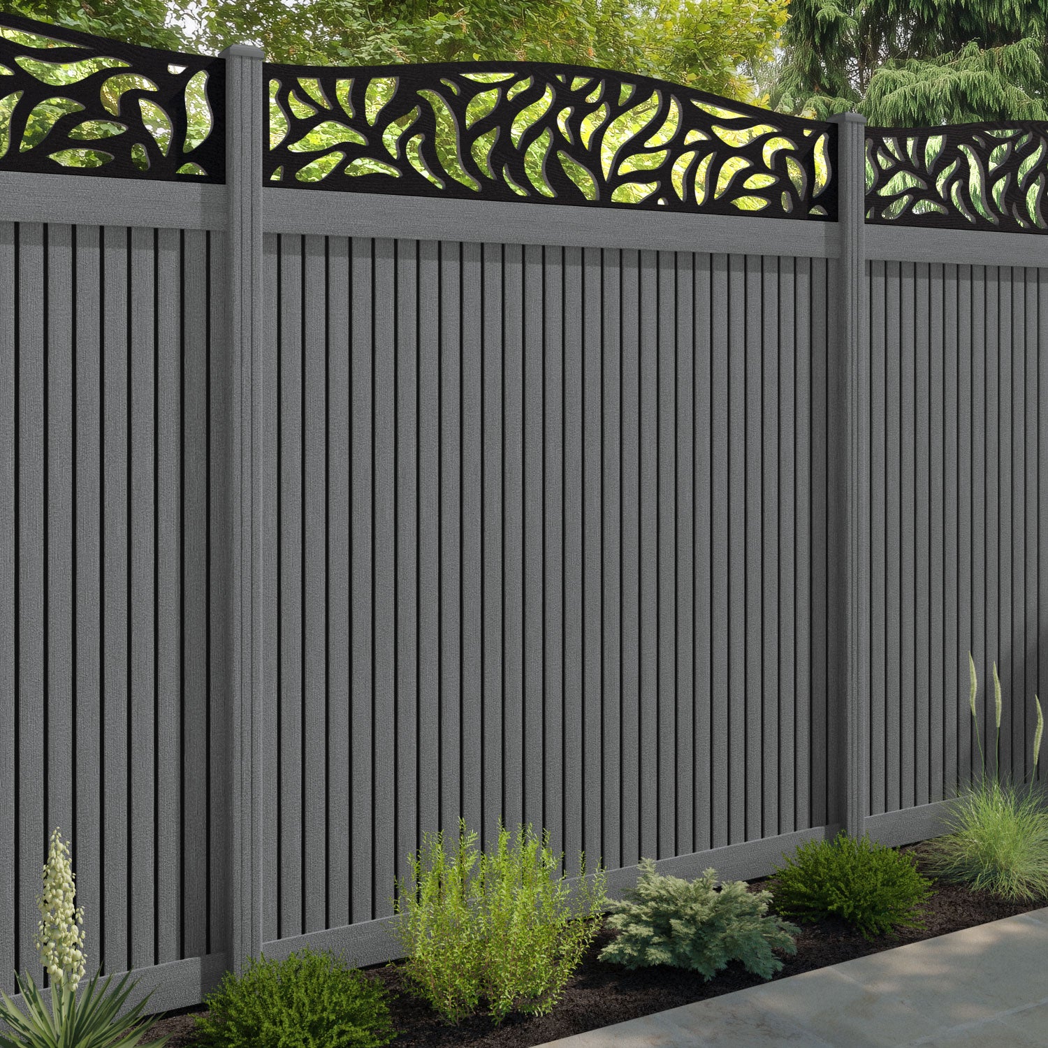 Virtis Plume Curved Top Fence Panel - Mid Grey - with our composite posts