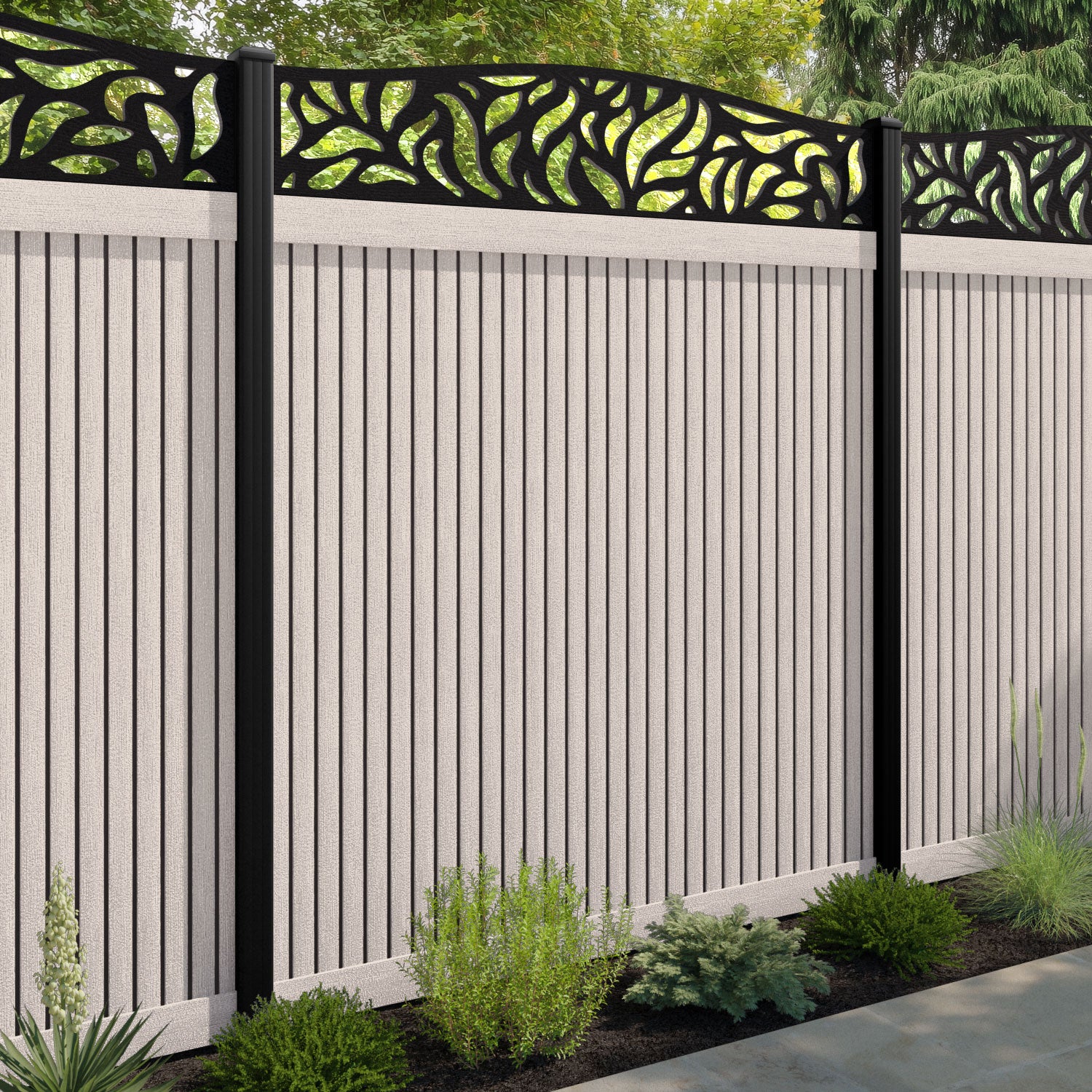 Virtis Plume Curved Top Fence Panel - Mid Stone - with our aluminium posts