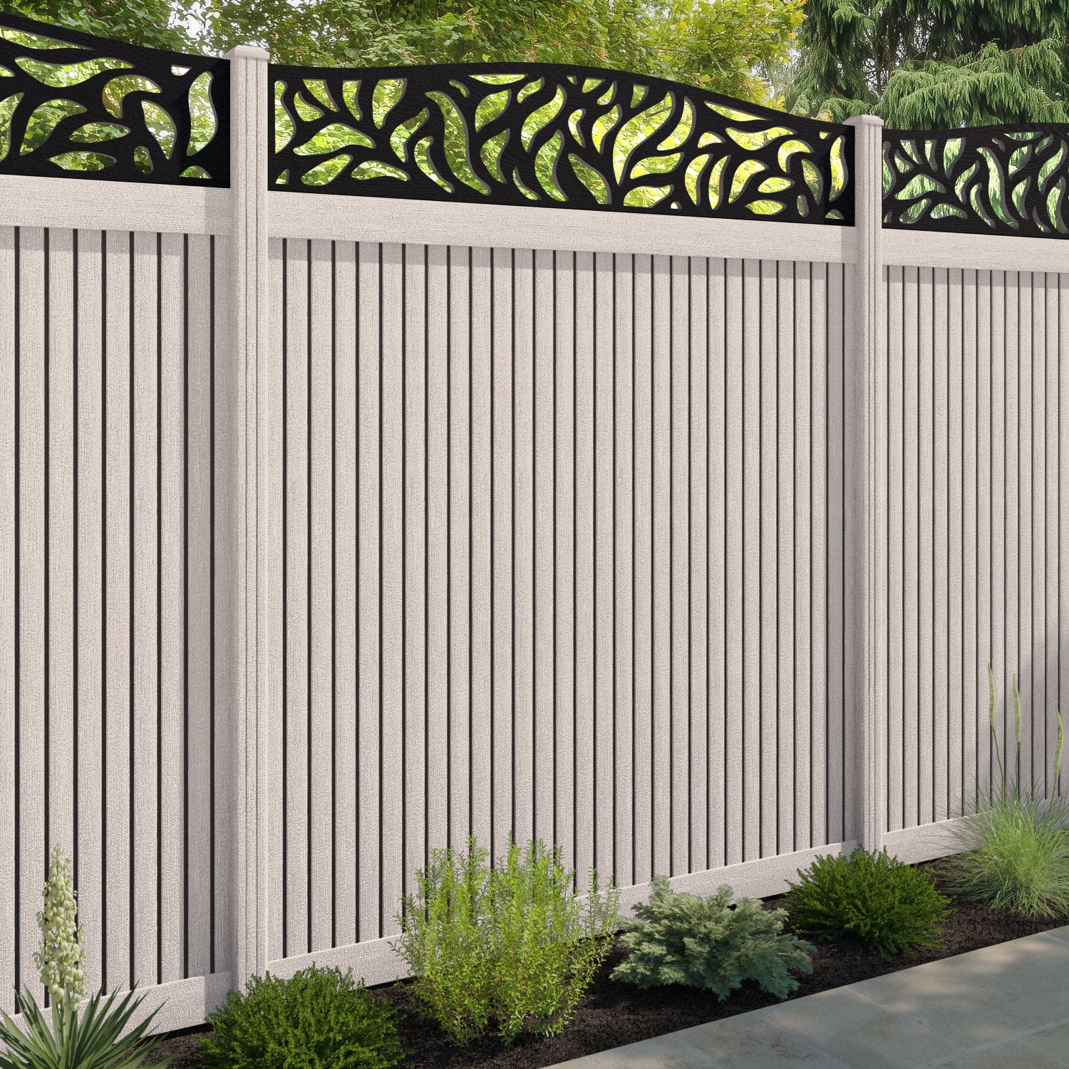 Virtis Plume Curved Top Fence Panel - Mid Stone - with our composite posts