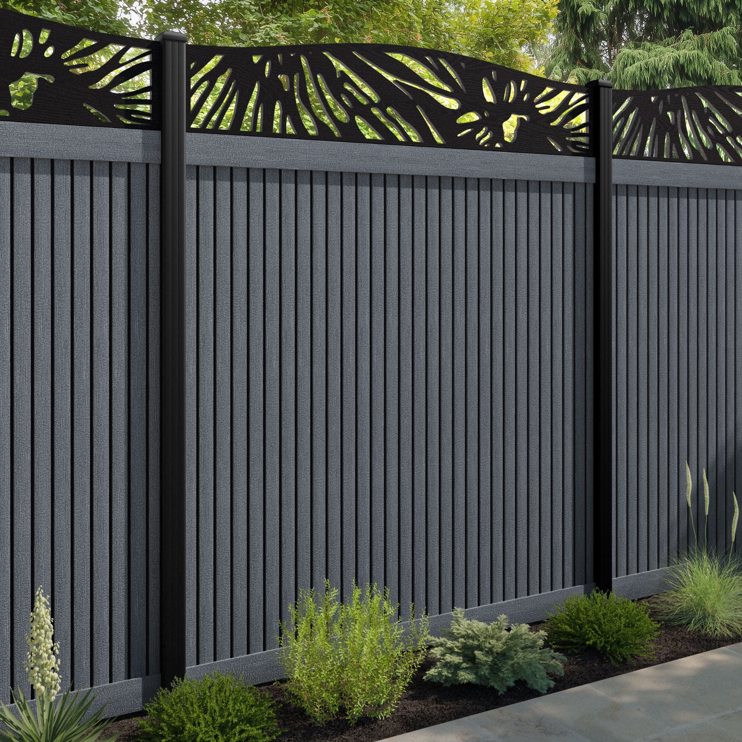 Virtis Poppy Curved Top Fence Panel - Anthracite - with our composite posts