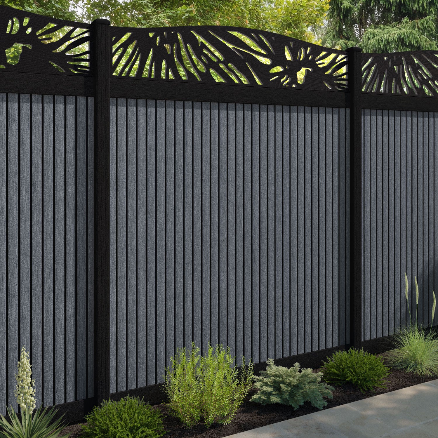 Virtis Poppy Curved Top Fence Panel - Anthracite - with our composite posts