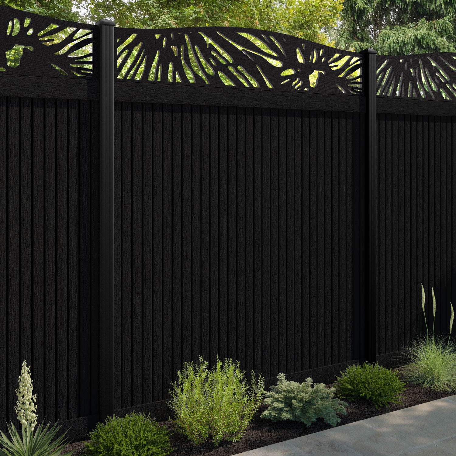 Virtis Poppy Curved Top Fence Panel - Black - with our aluminium posts