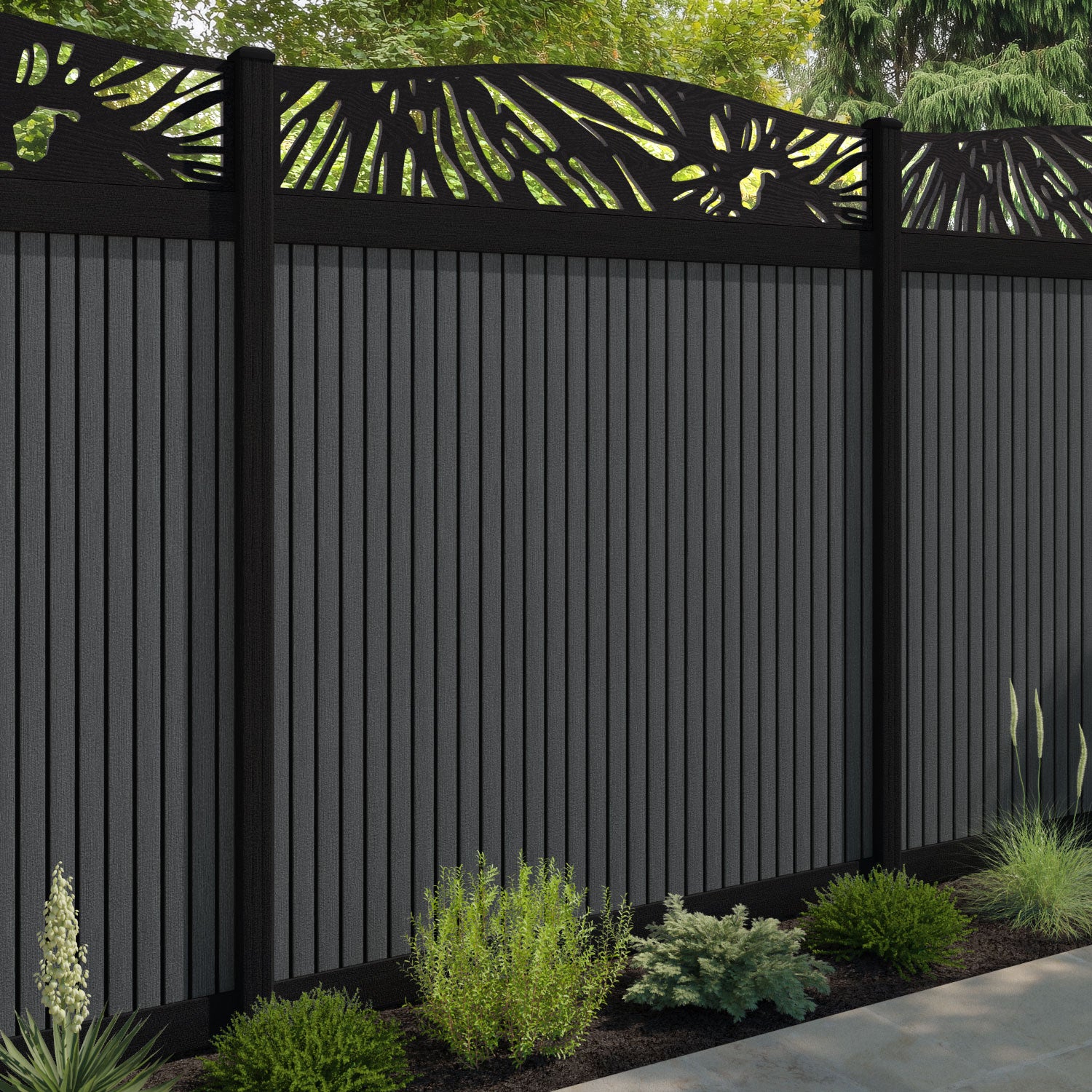 Virtis Poppy Curved Top Fence Panel - Dark Grey - with our aluminium posts