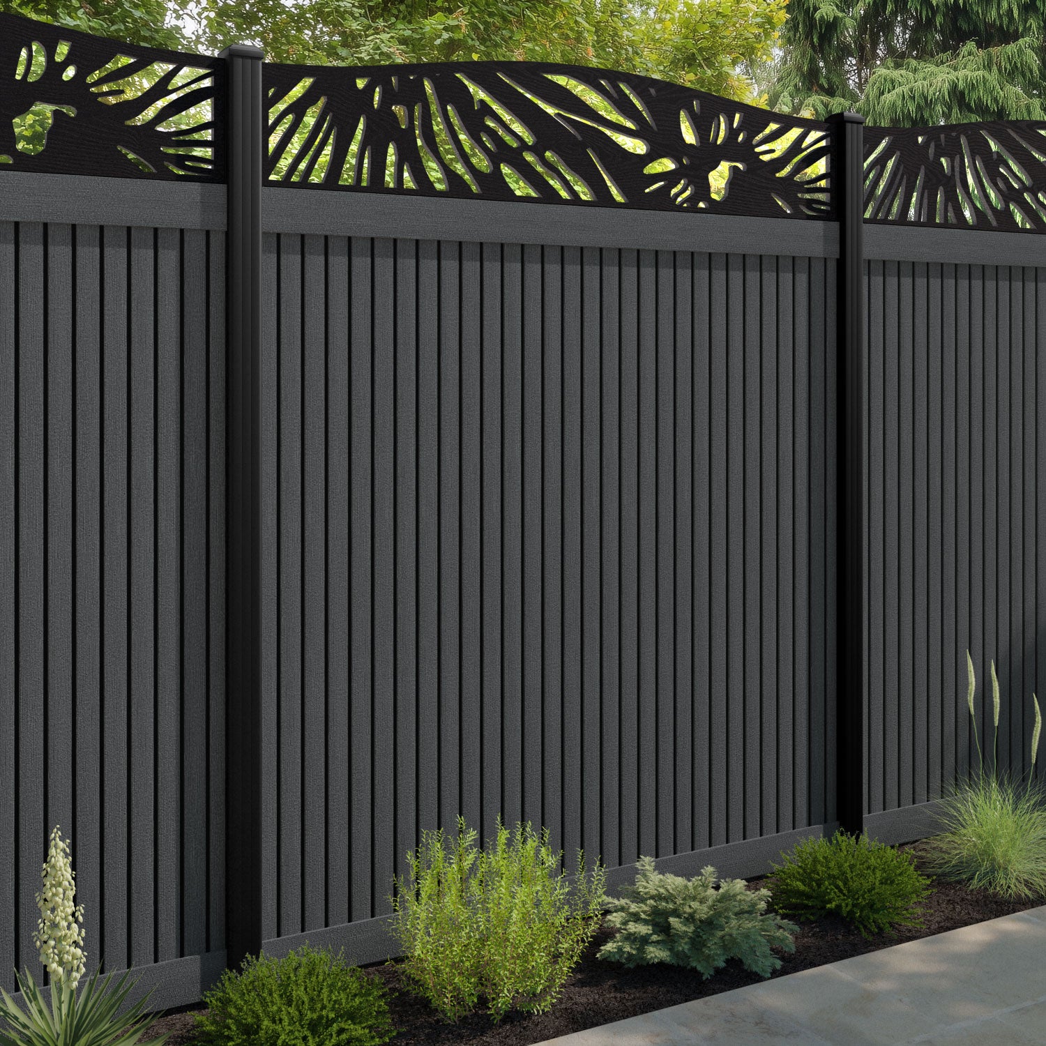 Virtis Poppy Curved Top Fence Panel - Dark Grey - with our aluminium posts