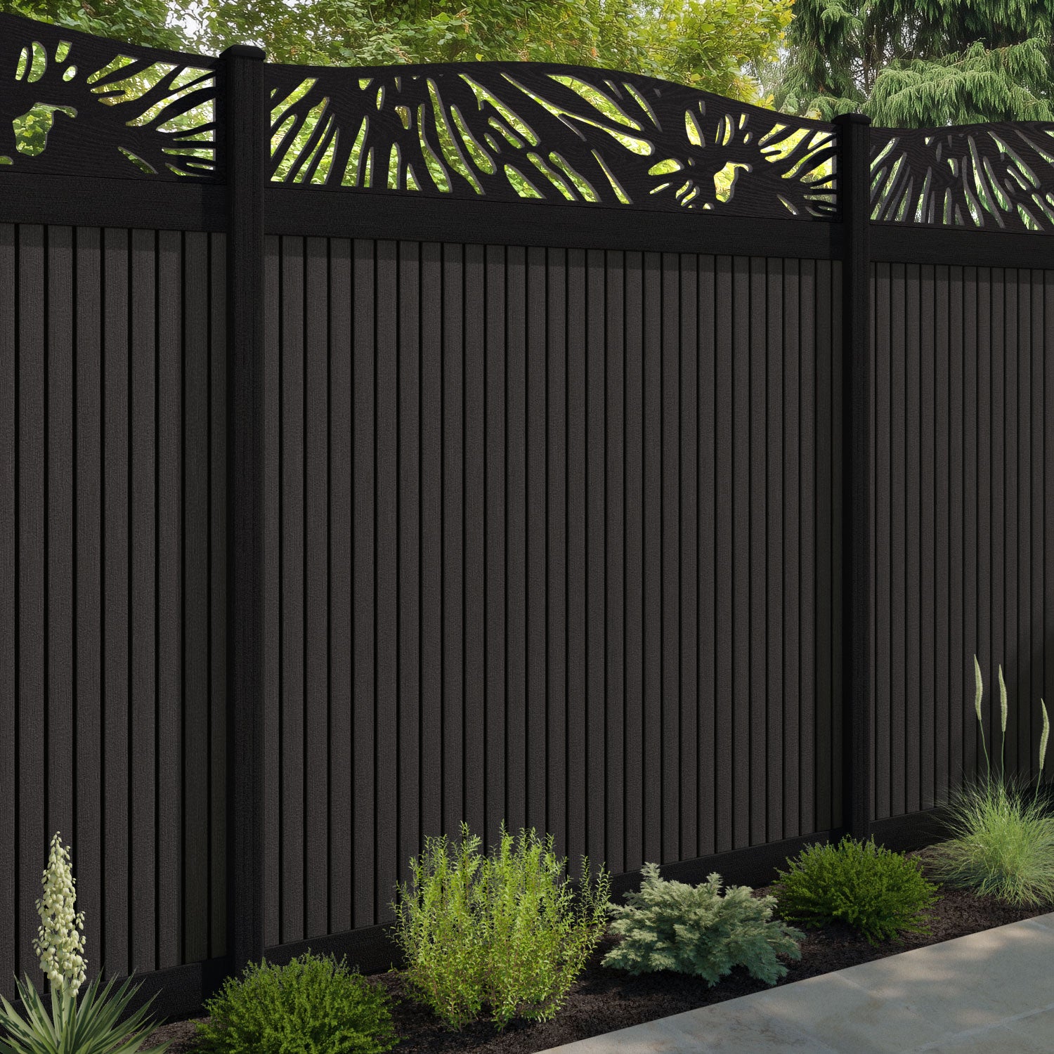Virtis Poppy Curved Top Fence Panel - Dark Oak - with our composite posts