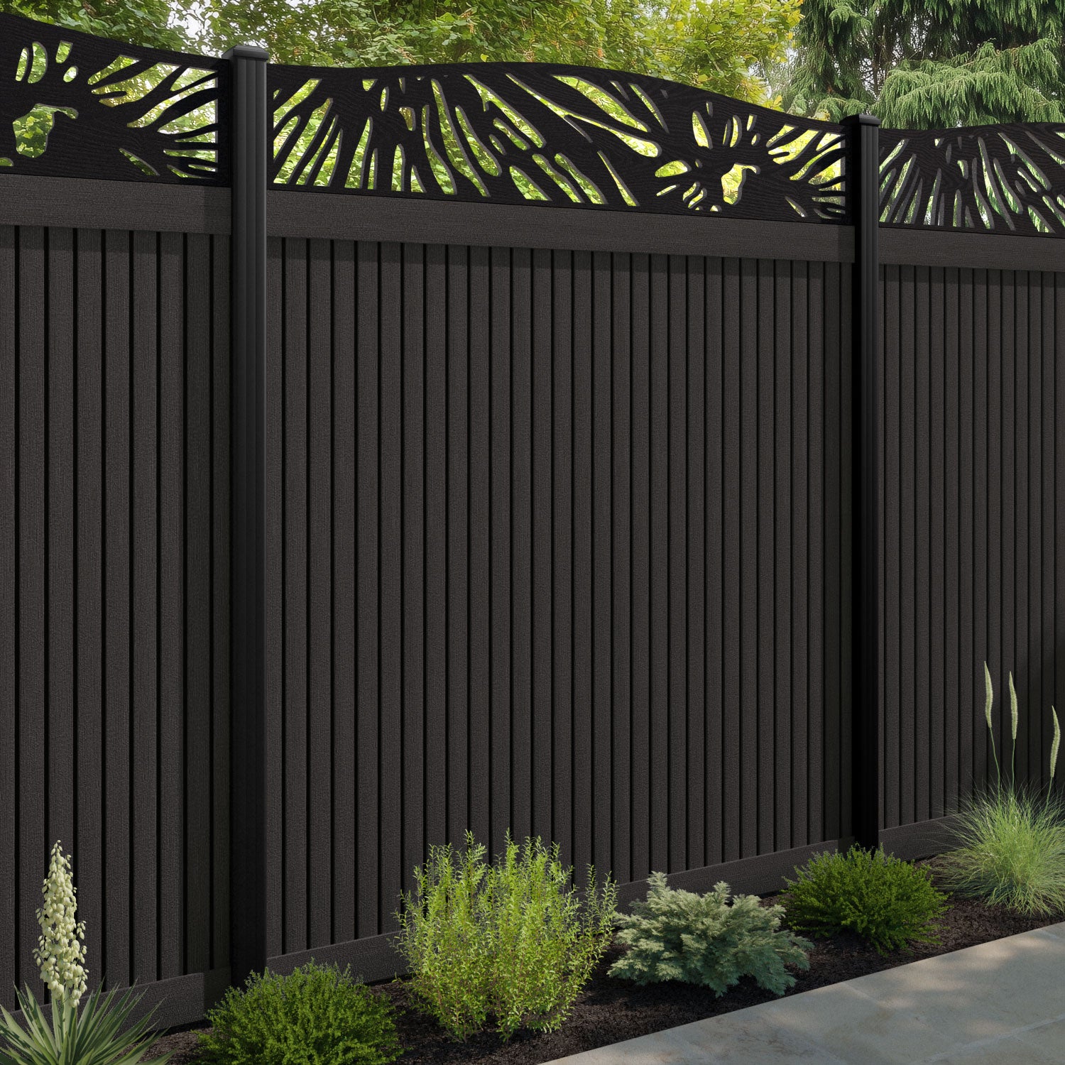 Virtis Poppy Curved Top Fence Panel - Dark Oak - with our composite posts