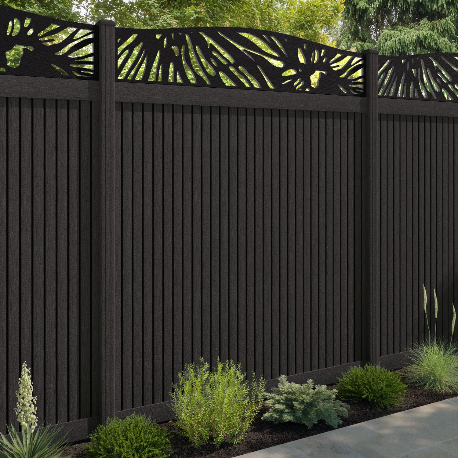 Virtis Poppy Curved Top Fence Panel - Dark Oak - with our composite posts