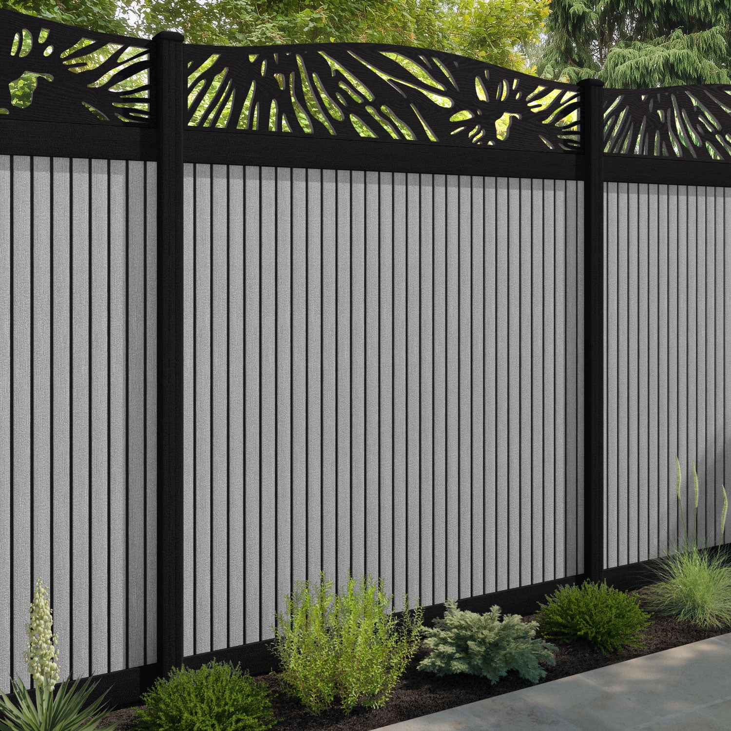 Virtis Poppy Curved Top Fence Panel - Light Grey - with our aluminium posts