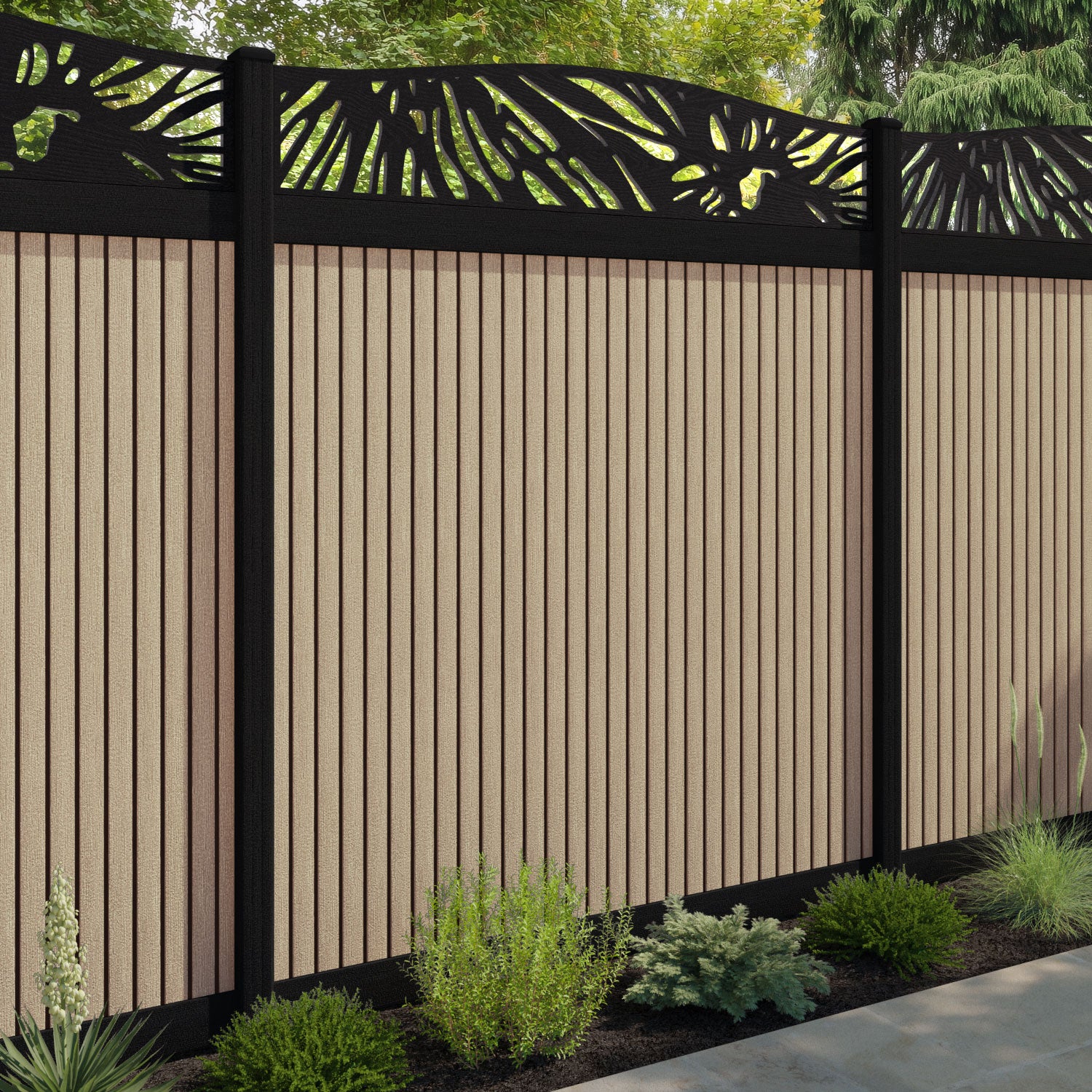 Virtis Poppy Curved Top Fence Panel - Light Oak - with our aluminium posts