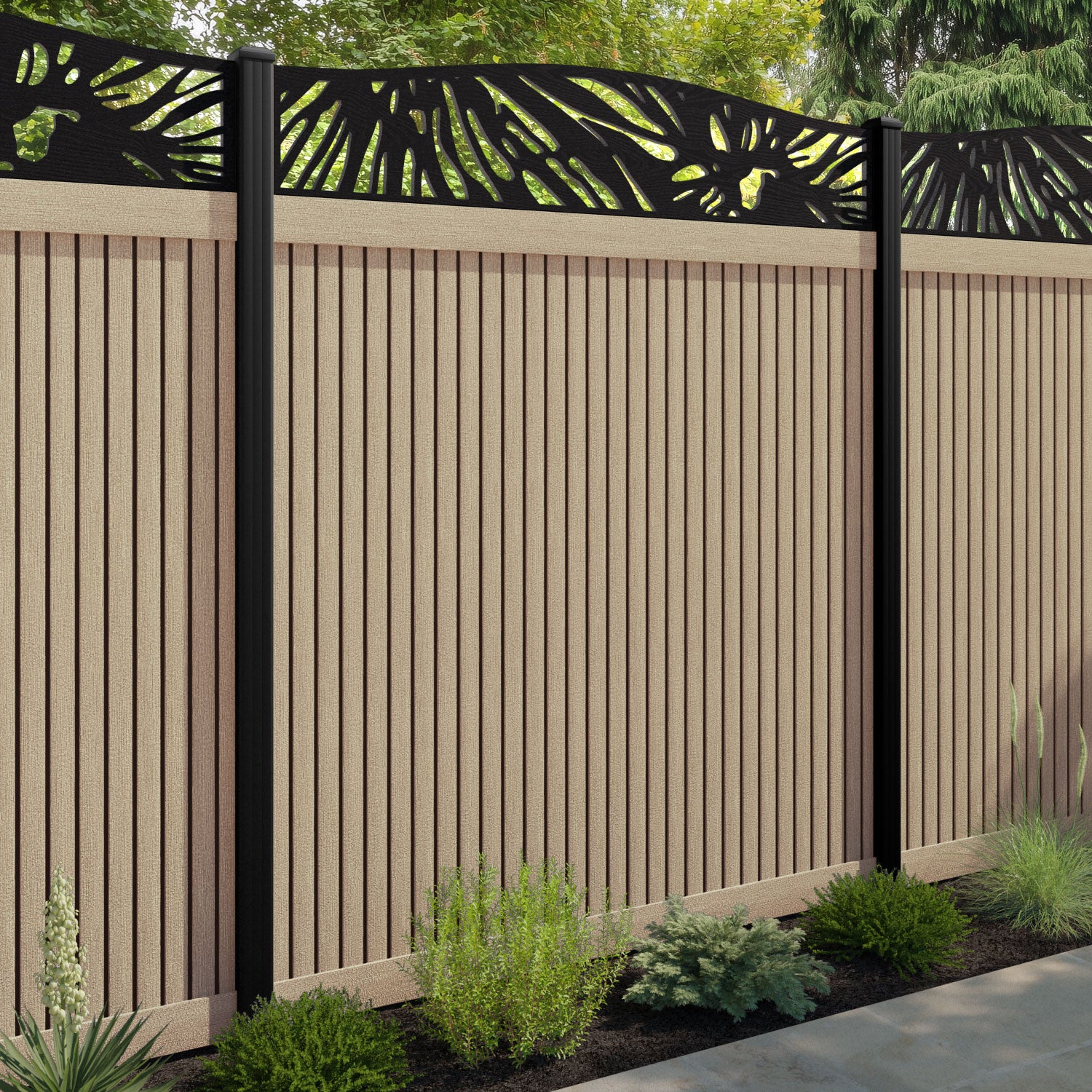 Virtis Poppy Curved Top Fence Panel - Light Oak - with our aluminium posts