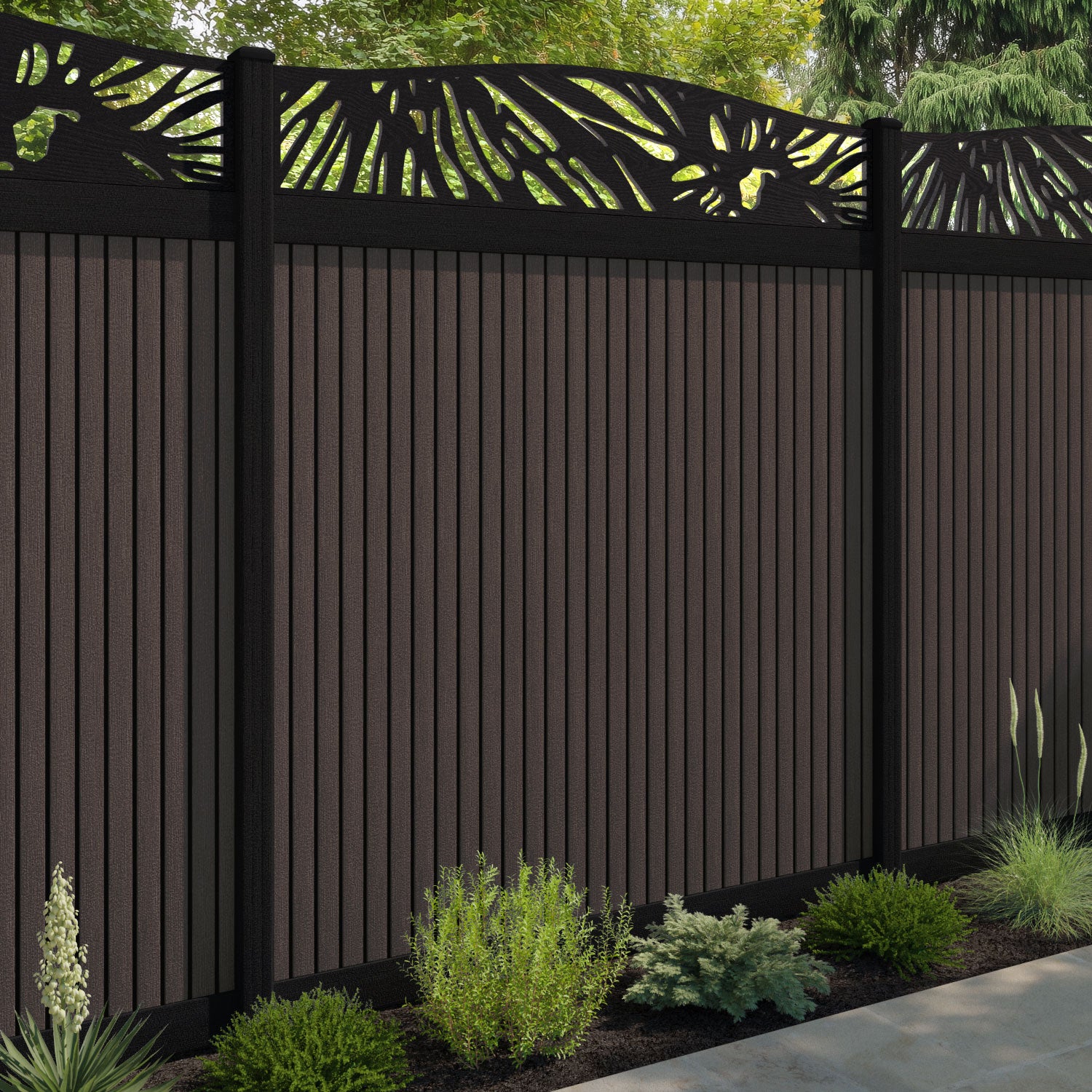Virtis Poppy Curved Top Fence Panel - Mid Brown - with our composite posts