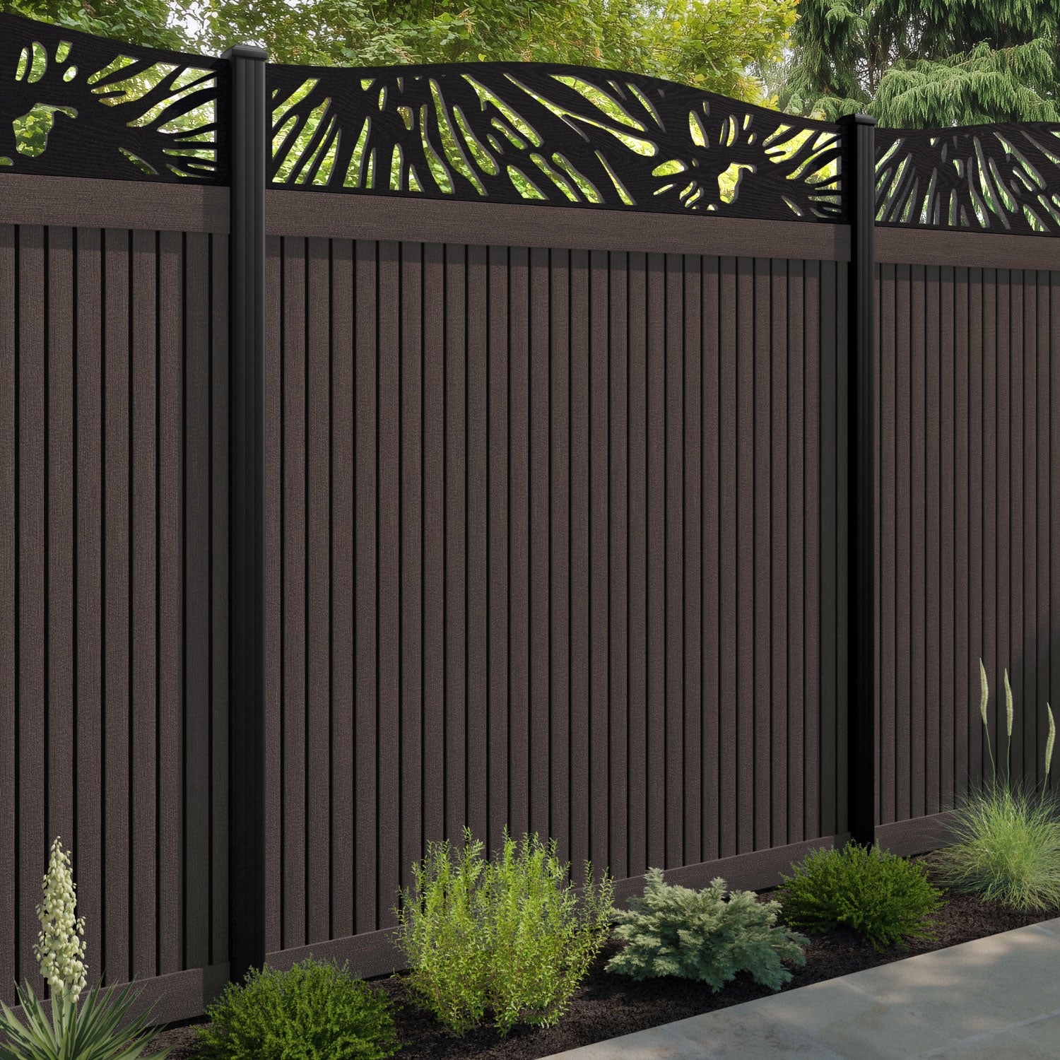 Virtis Poppy Curved Top Fence Panel - Mid Brown - with our aluminium posts
