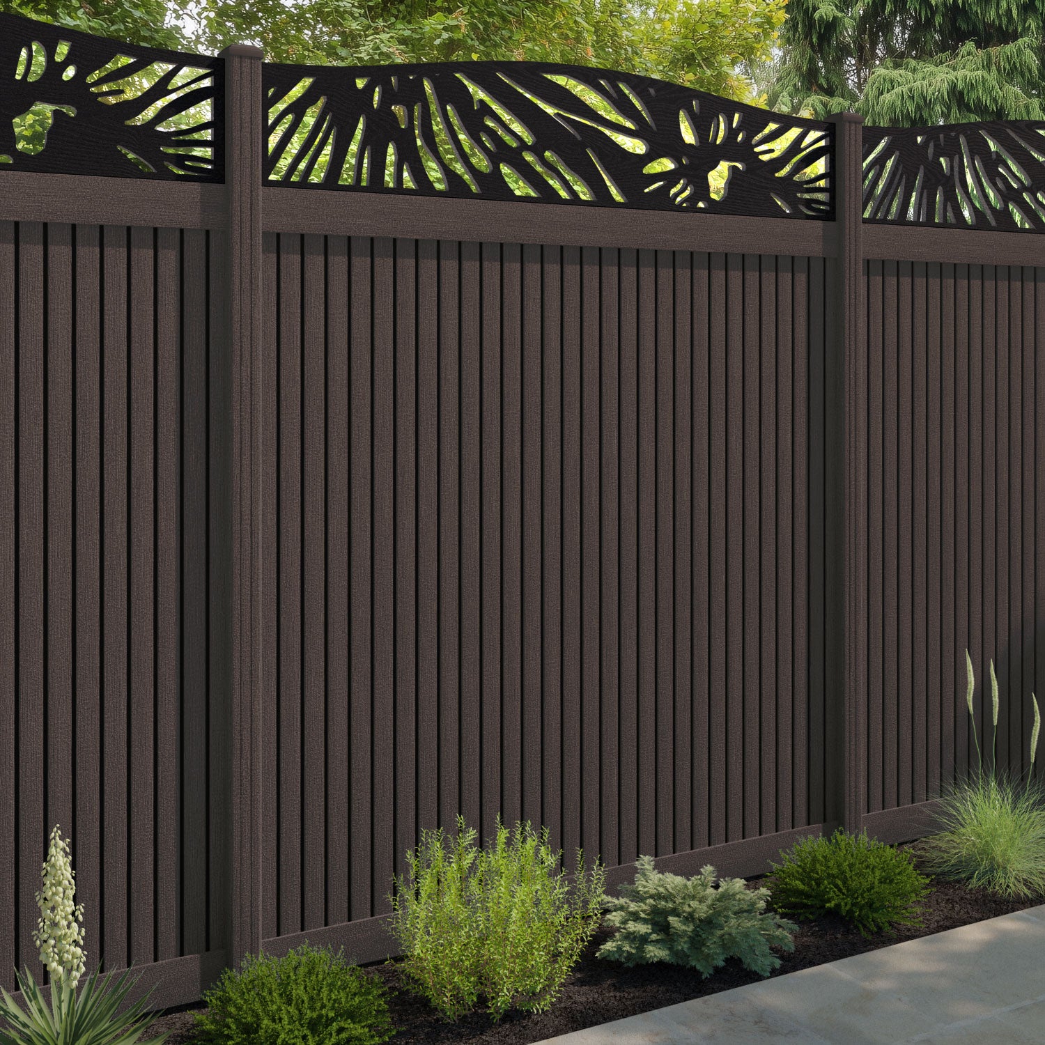 Virtis Poppy Curved Top Fence Panel - Mid Brown - with our composite posts