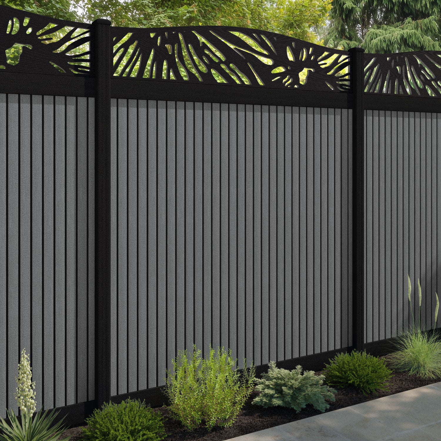 Virtis Poppy Curved Top Fence Panel - Mid Grey - with our aluminium posts