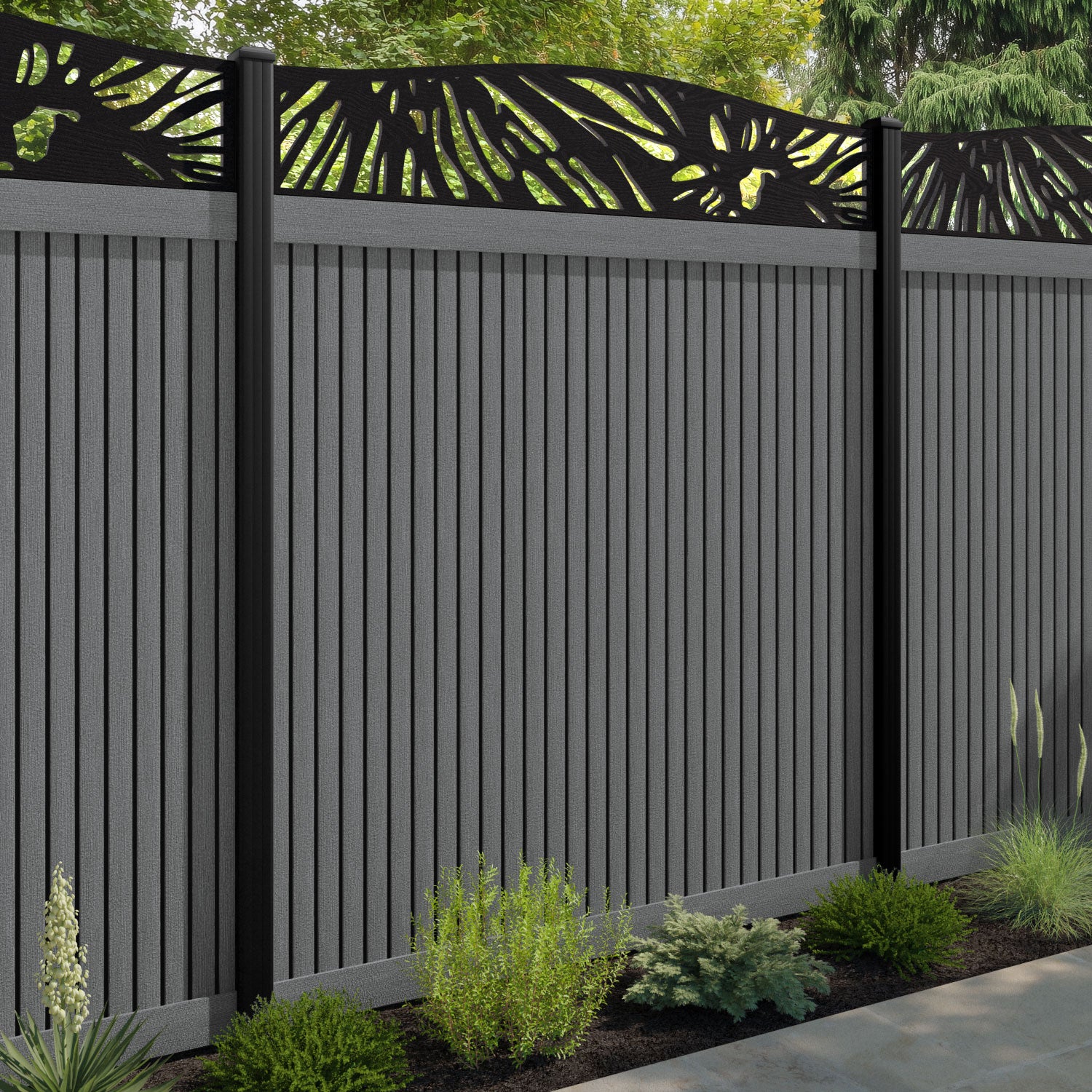 Virtis Poppy Curved Top Fence Panel - Mid Grey - with our aluminium posts