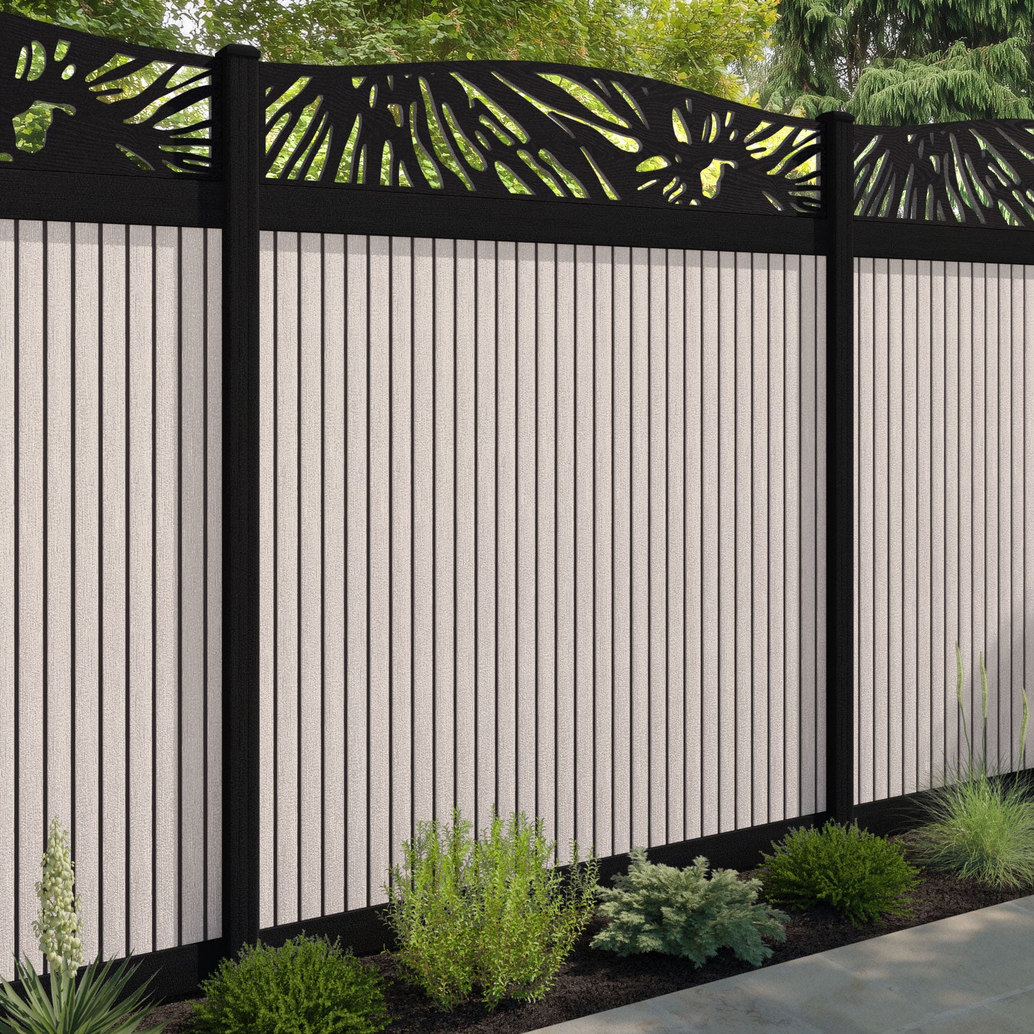 Virtis Poppy Curved Top Fence Panel - Mid Stone - with our composite posts